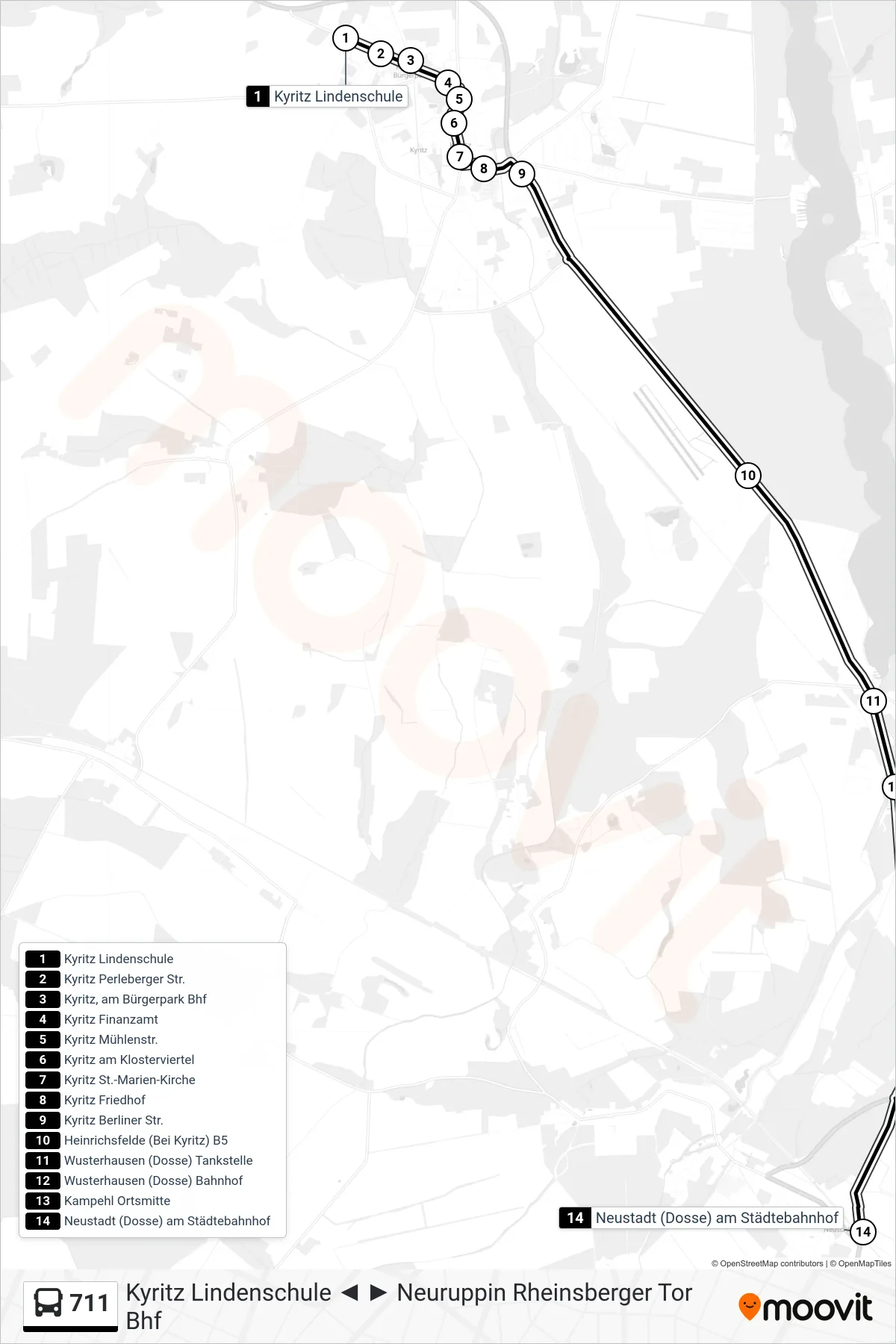 Linie 711 (Bus) Richtung Neustadt (Dosse) am Städtebahnhof: Route und Haltestellen auf der Karte