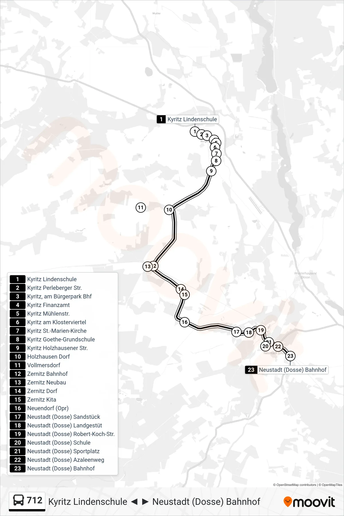 712 bus Line (Neustadt (Dosse) Bahnhof) route and stops on a map