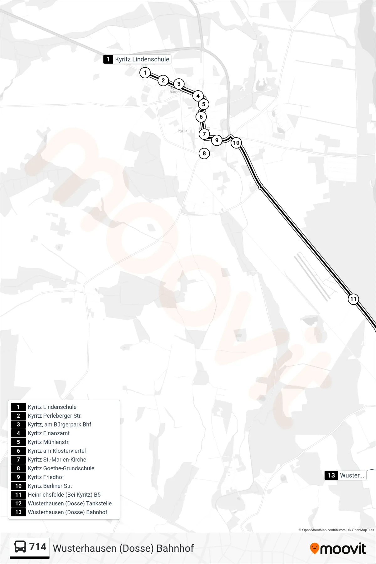 714 bus Line (Wusterhausen (Dosse) Bahnhof) route and stops on a map