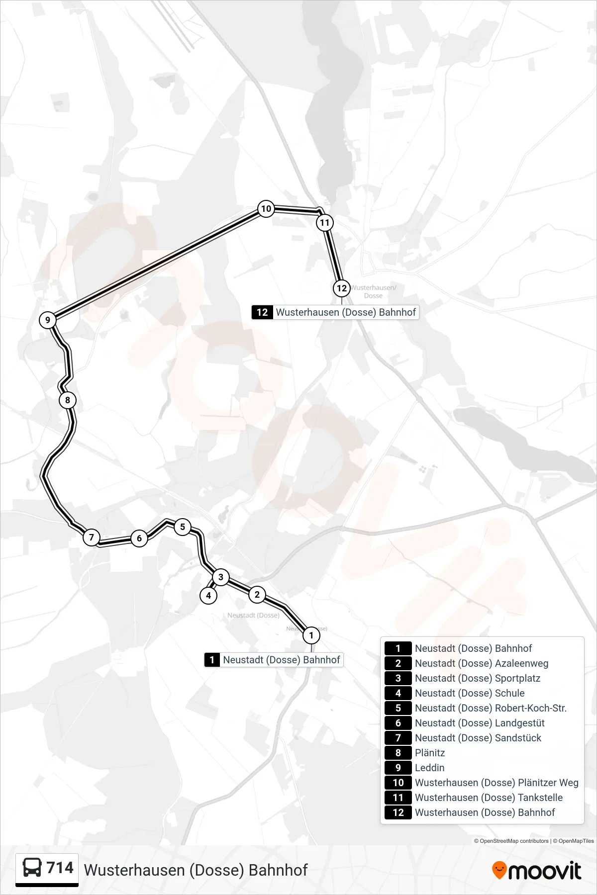 Linie 714 (Bus) Richtung Wusterhausen (Dosse) Bahnhof: Route und Haltestellen auf der Karte