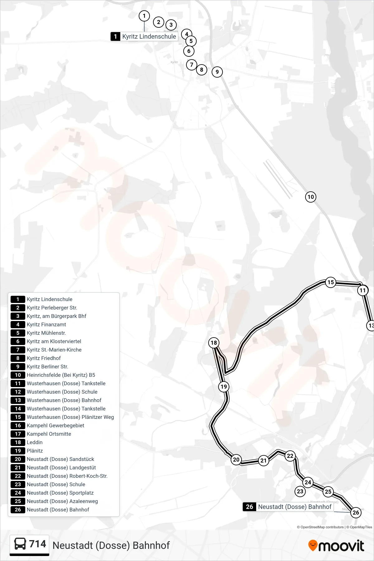 Linie 714 (Bus) Richtung Neustadt (Dosse) Bahnhof: Route und Haltestellen auf der Karte