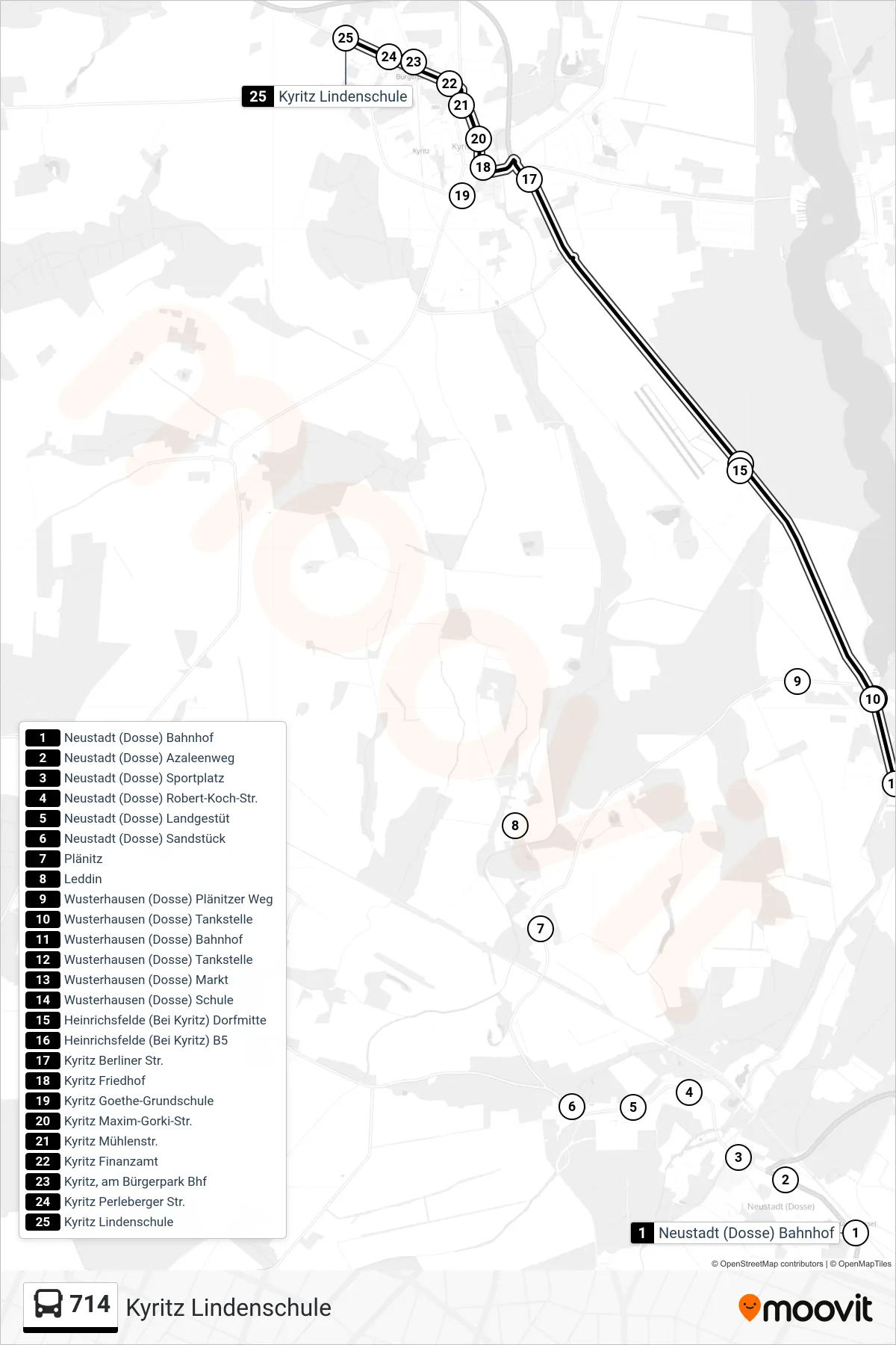 714 bus Line (Kyritz Lindenschule) route and stops on a map