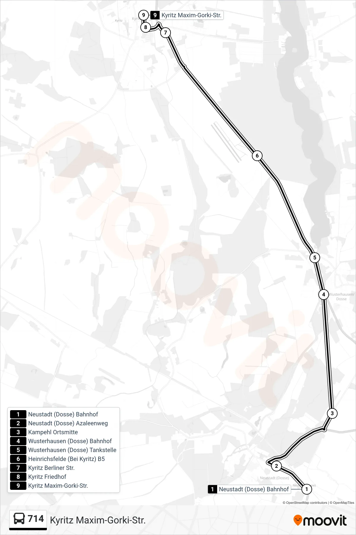 714 bus Line (Kyritz Maxim-Gorki-Str.) route and stops on a map
