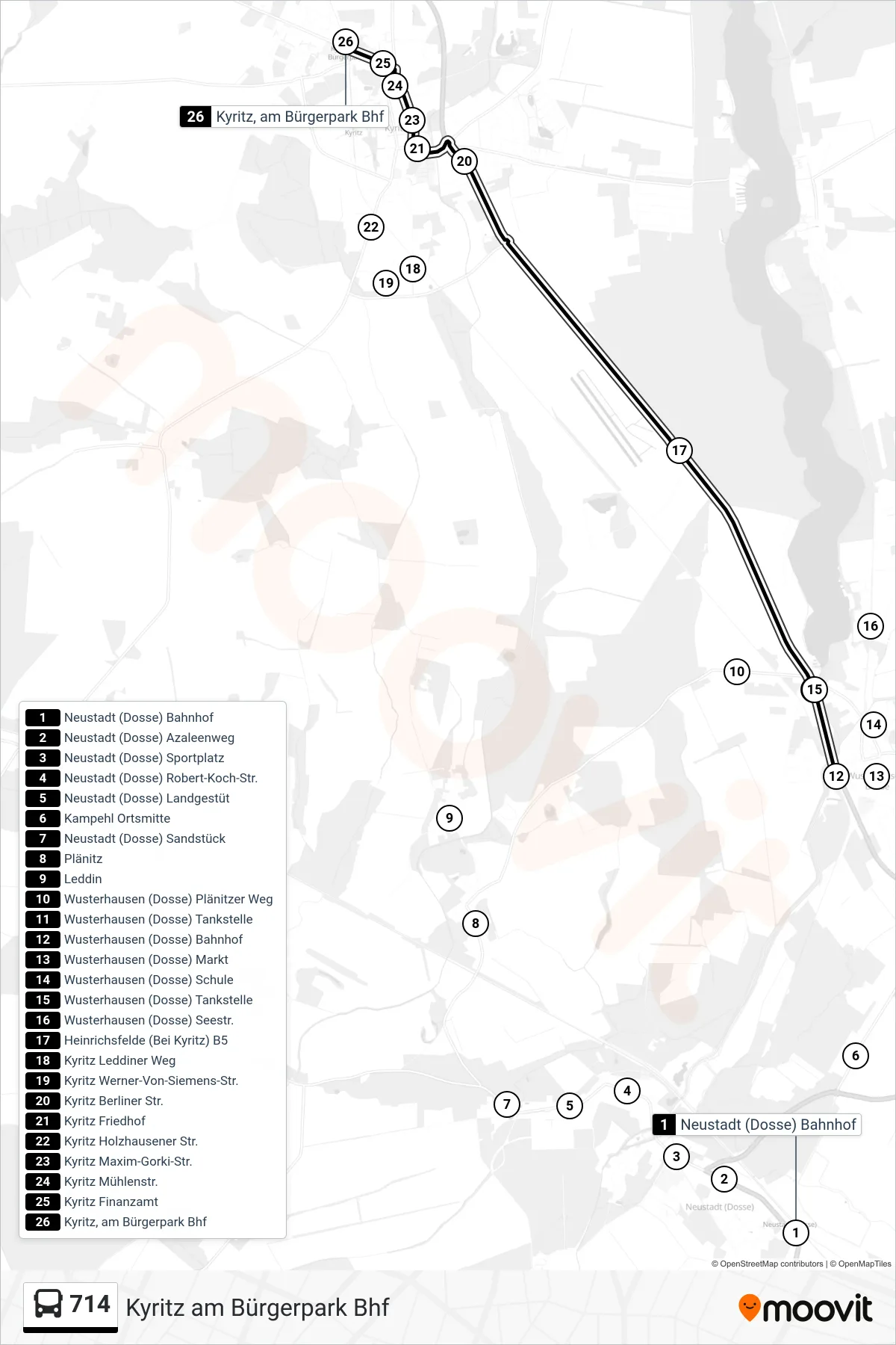 Linie 714 (Bus) Richtung Kyritz am Bürgerpark Bhf: Route und Haltestellen auf der Karte