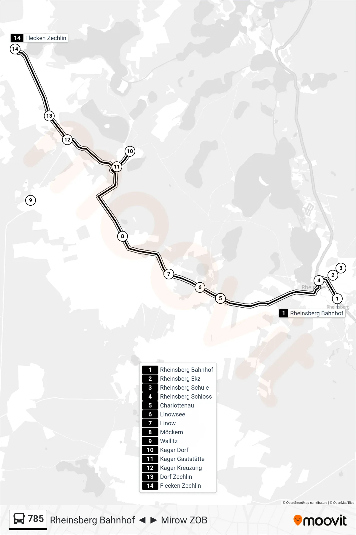 Linie 785 (Bus) Richtung Flecken Zechlin: Route und Haltestellen auf der Karte