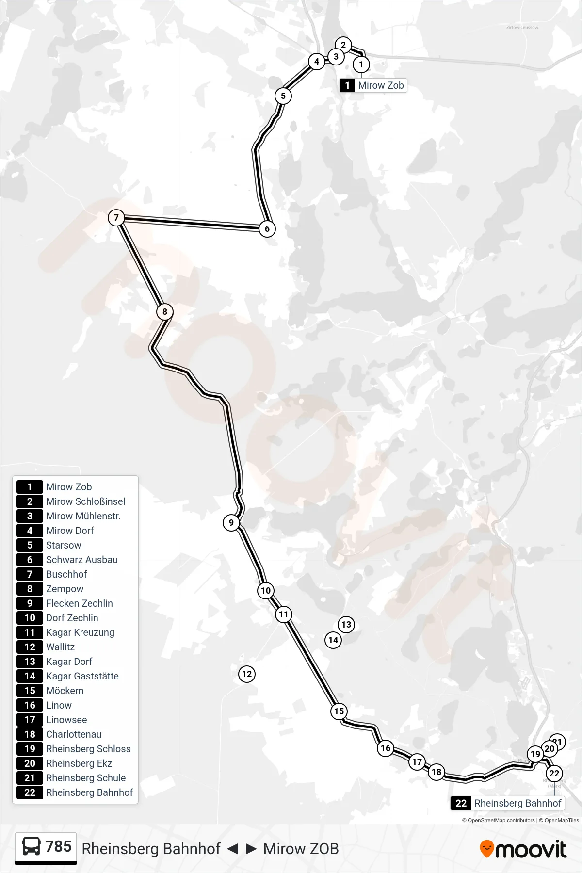 Linie 785 (Bus) Richtung Rheinsberg Bahnhof: Route und Haltestellen auf der Karte