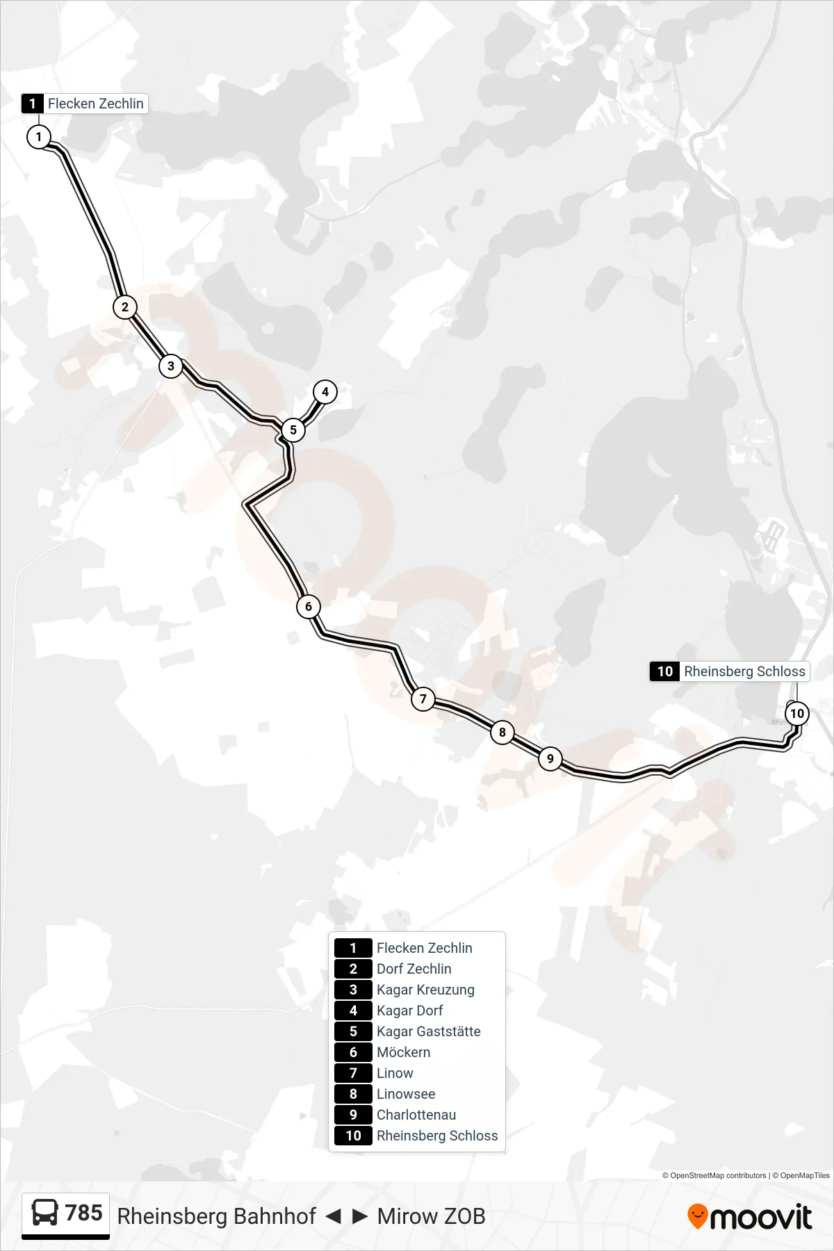 Linie 785 (Bus) Richtung Rheinsberg Schloss: Route und Haltestellen auf der Karte