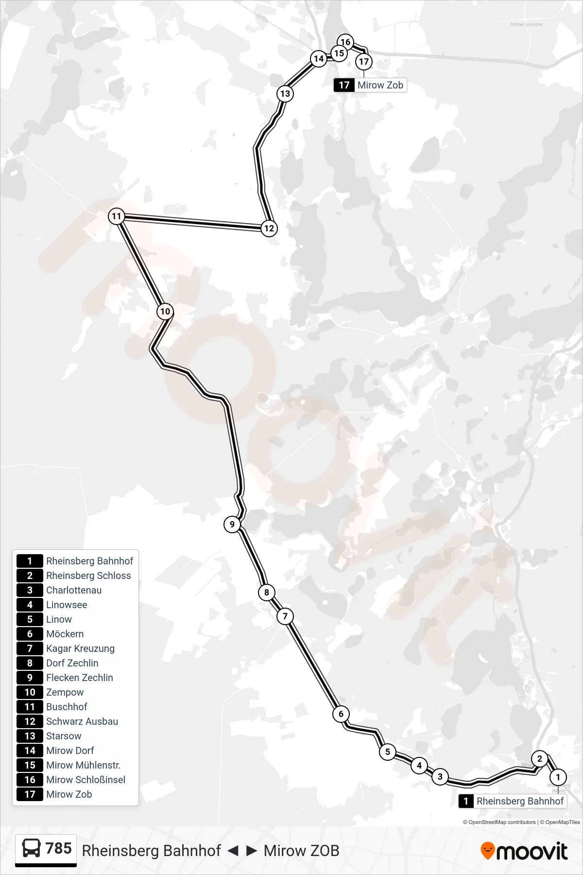 785 bus Line (Mirow Zob) route and stops on a map
