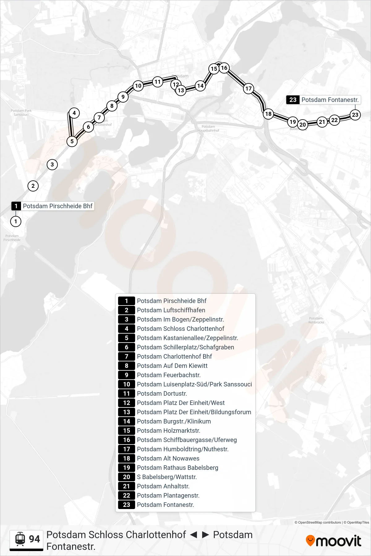 Linie 94 (Straßenbahn) Richtung Potsdam Fontanestr.: Route und Haltestellen auf der Karte
