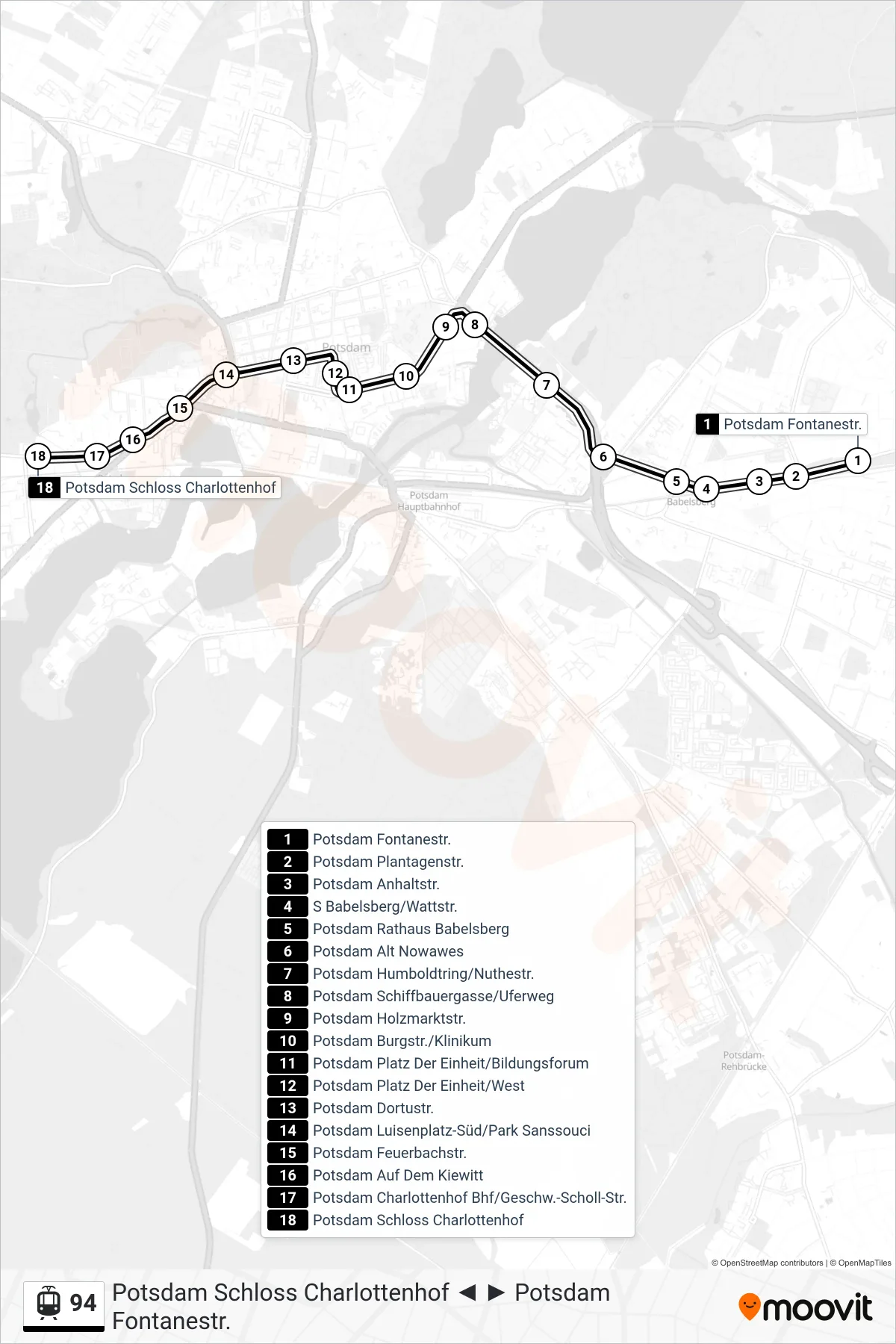 Linie 94 (Tram) Richtung Potsdam Schloss Charlottenhof: Route und Haltestellen auf der Karte