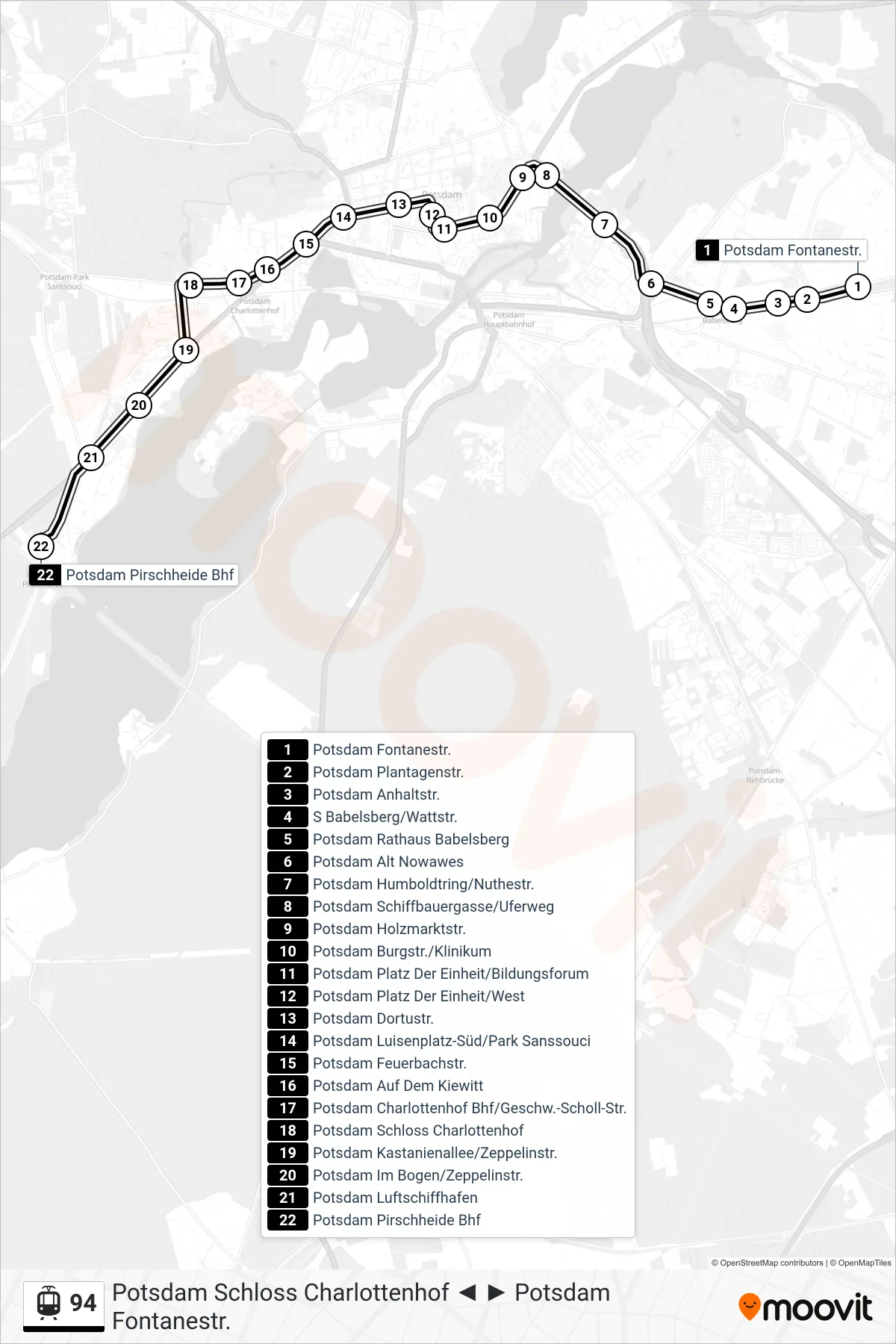 Linie 94 (Straßenbahn) Richtung Potsdam Pirschheide Bhf: Route und Haltestellen auf der Karte