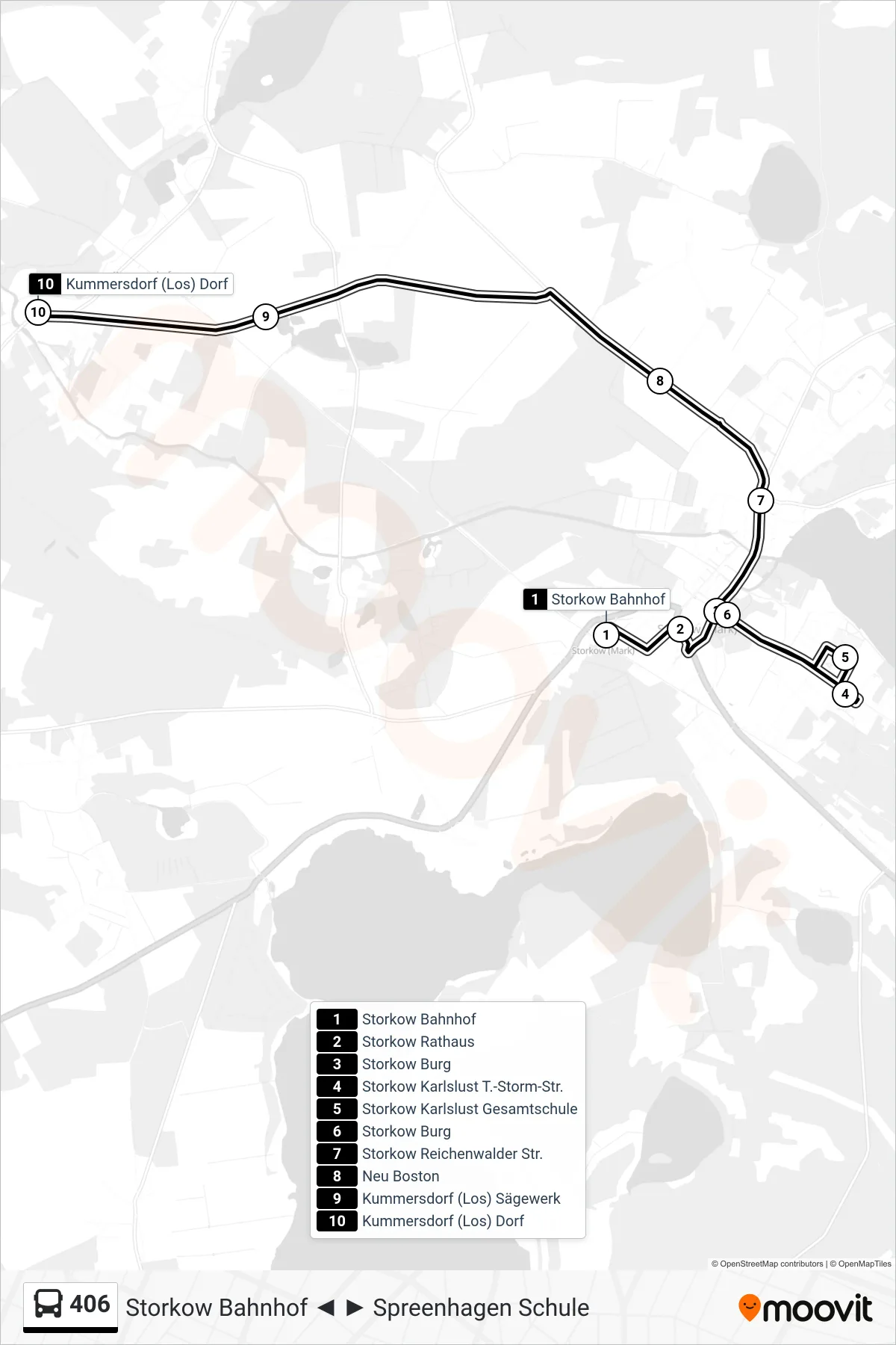 406 bus Line (Kummersdorf (Los) Dorf) route and stops on a map