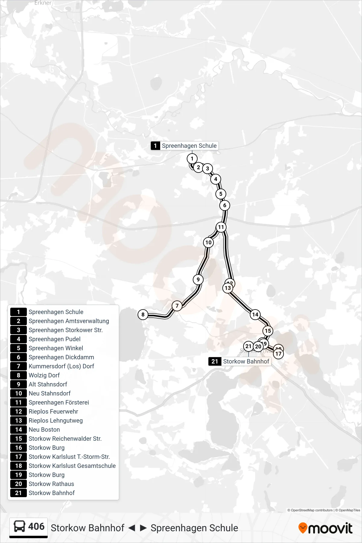 Linie 406 (Bus) Richtung Storkow Bahnhof: Route und Haltestellen auf der Karte