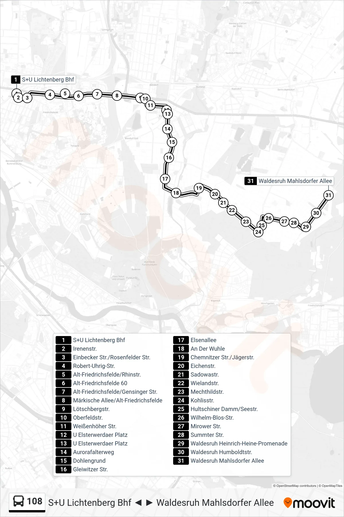 Linie 108 (Bus) Richtung Waldesruh Mahlsdorfer Allee: Route und Haltestellen auf der Karte