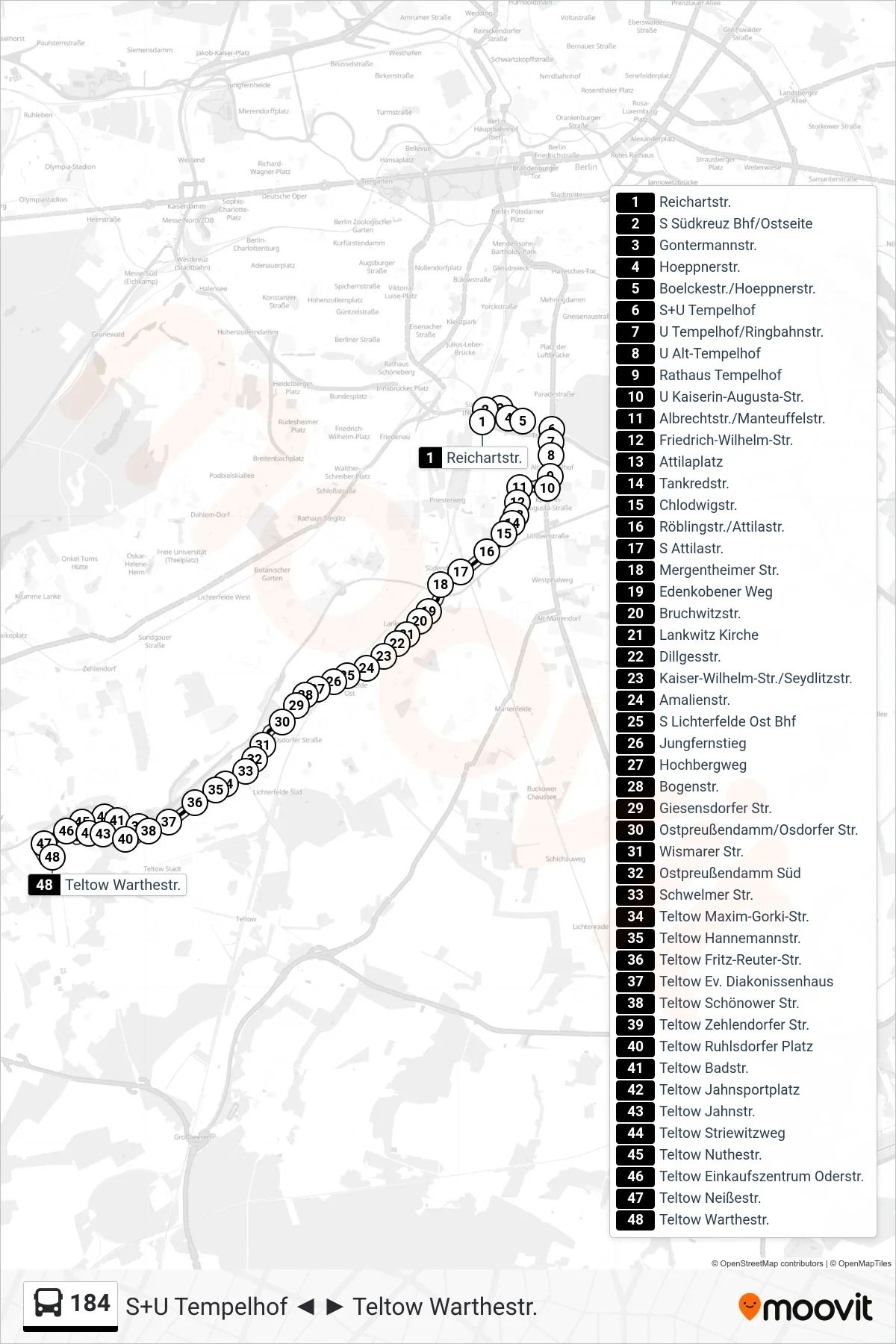 Linie 184 (Bus) Richtung Teltow Warthestr.: Route und Haltestellen auf der Karte
