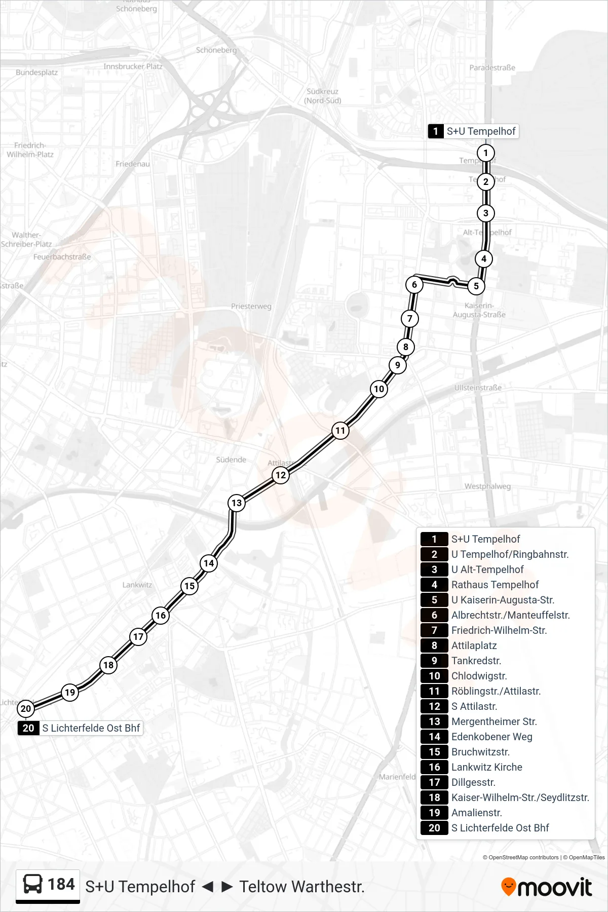 Linie 184 (Bus) Richtung S Lichterfelde Ost Bhf: Route und Haltestellen auf der Karte