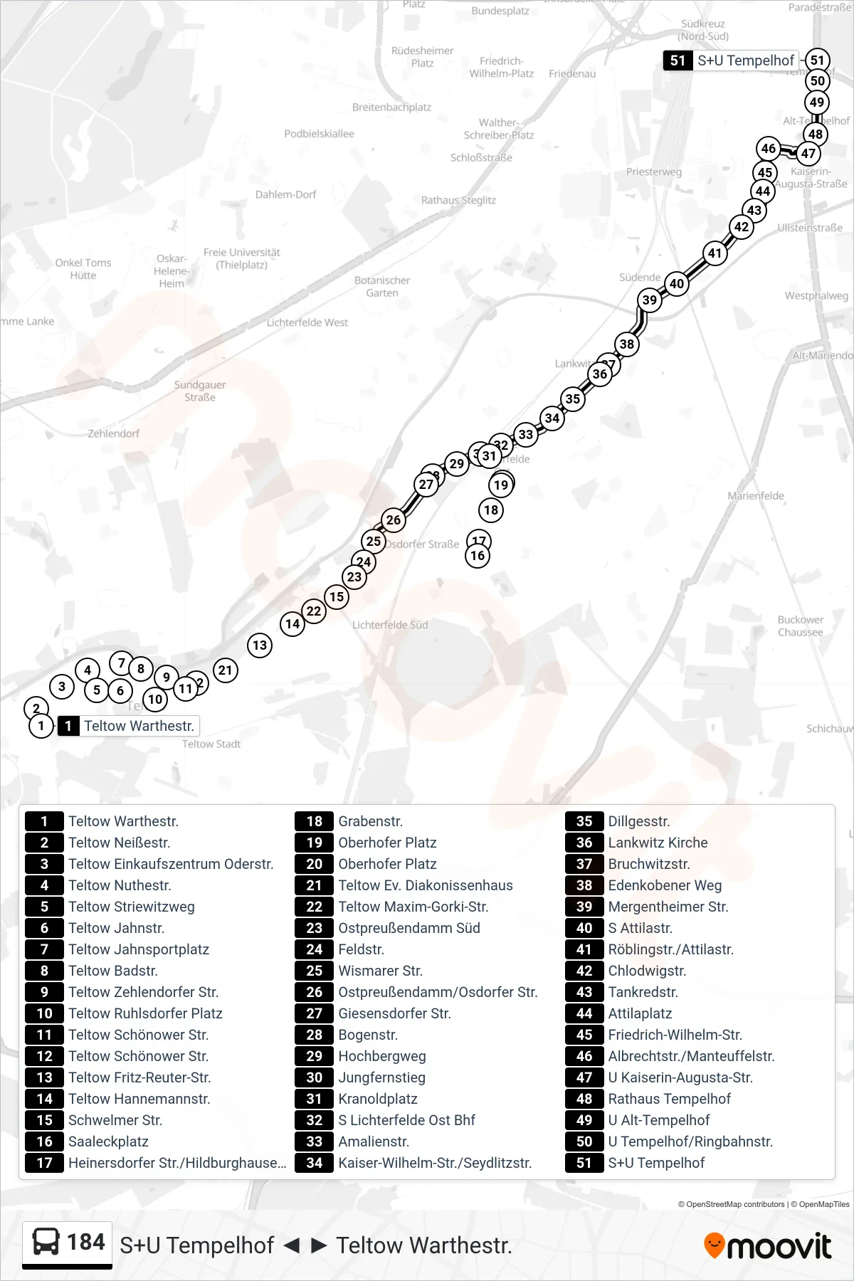Linie 184 (Bus) Richtung S+U Tempelhof: Route und Haltestellen auf der Karte