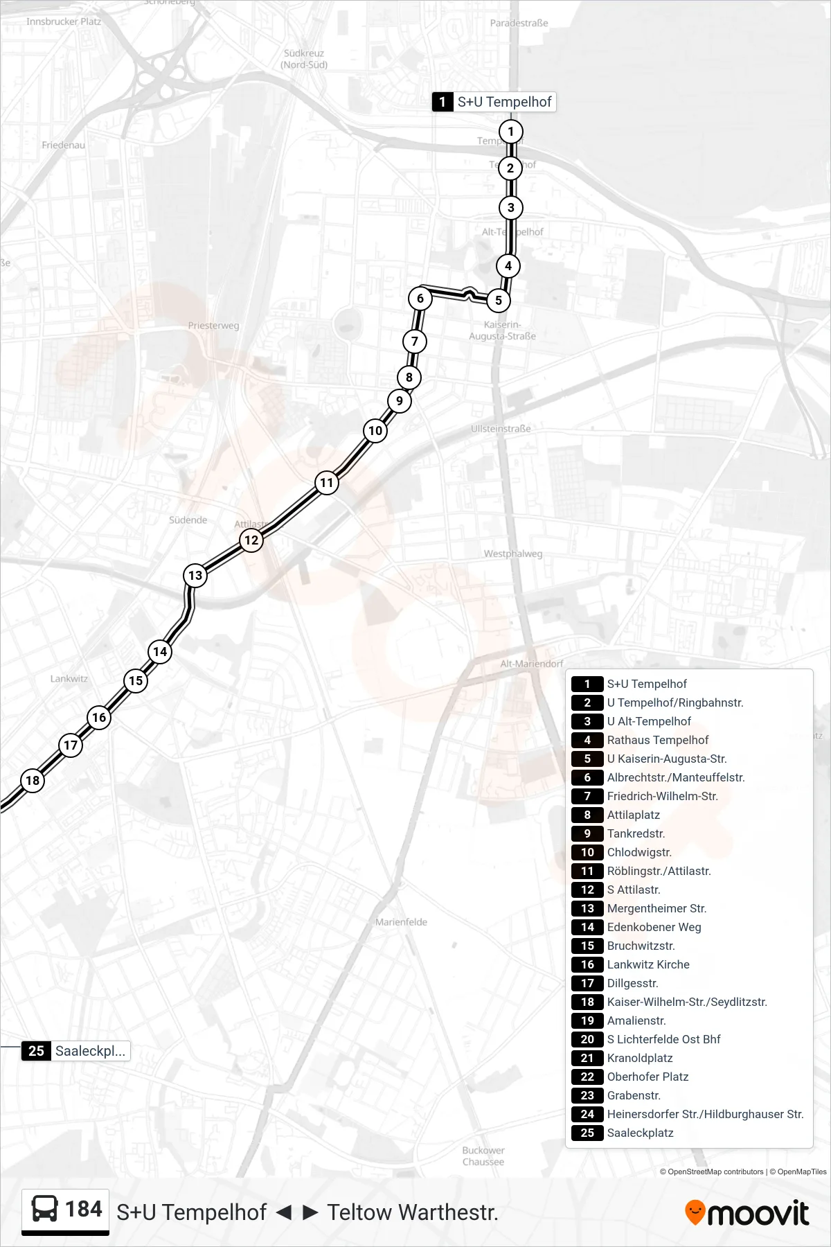 184 bus Line (Saaleckplatz) route and stops on a map