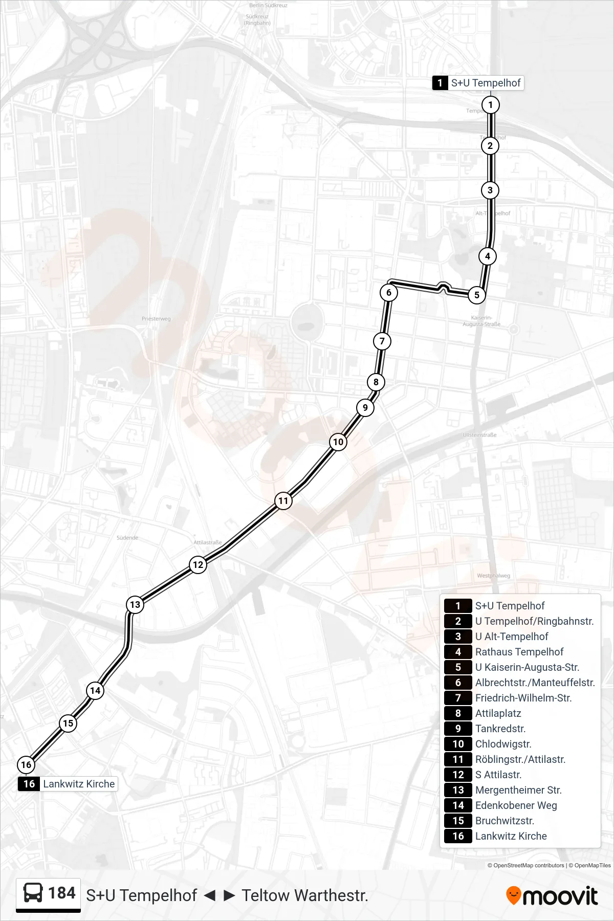 184 bus Line (Lankwitz Kirche) route and stops on a map