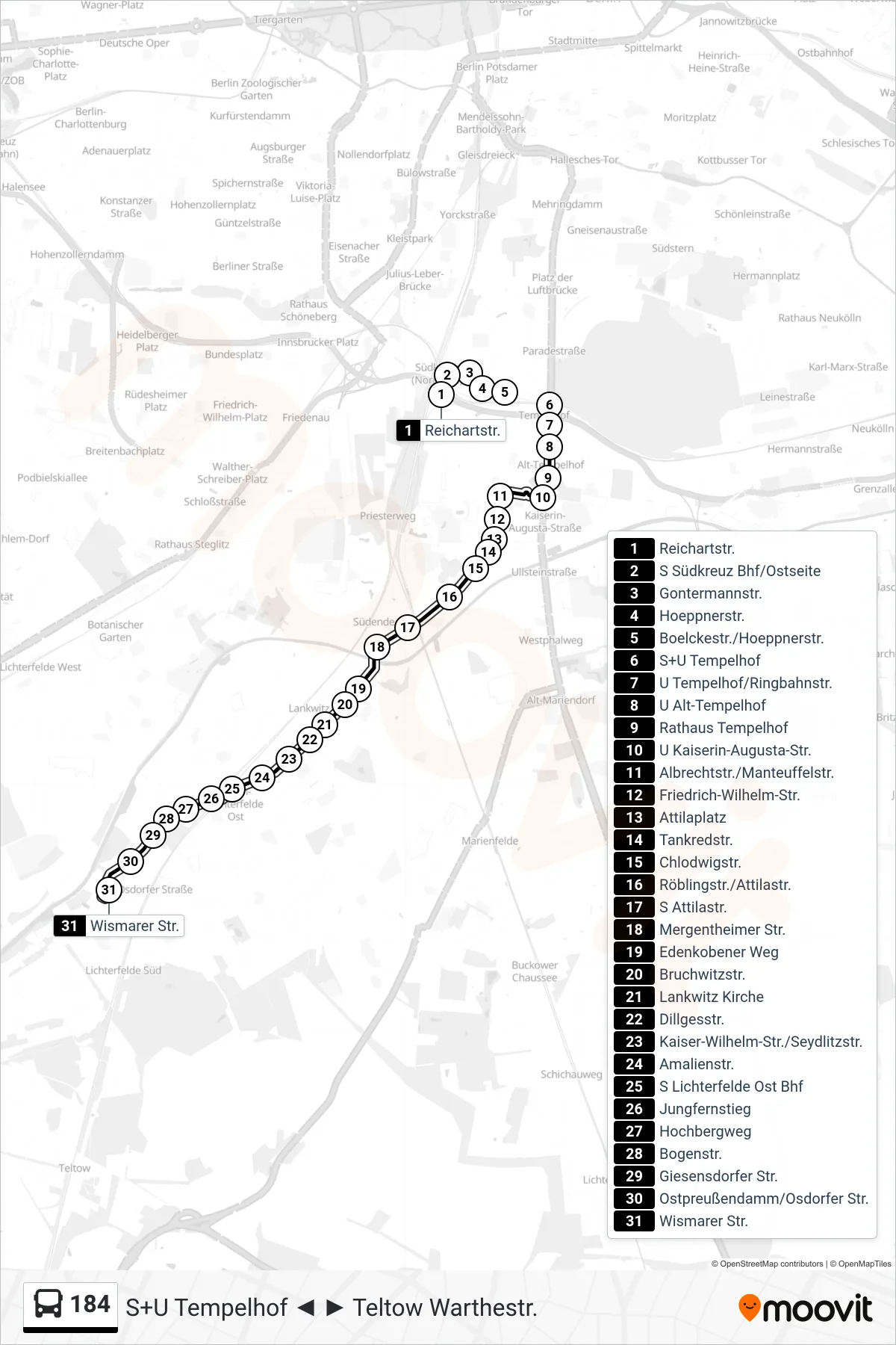 Linie 184 (Bus) Richtung Wismarer Str.: Route und Haltestellen auf der Karte