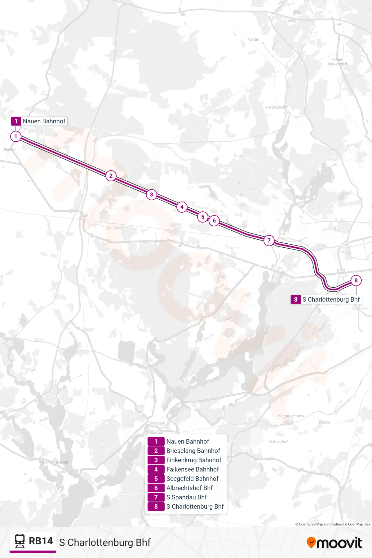 Linie RB14 (Bahn) Richtung S Charlottenburg Bhf: Route und Haltestellen auf der Karte