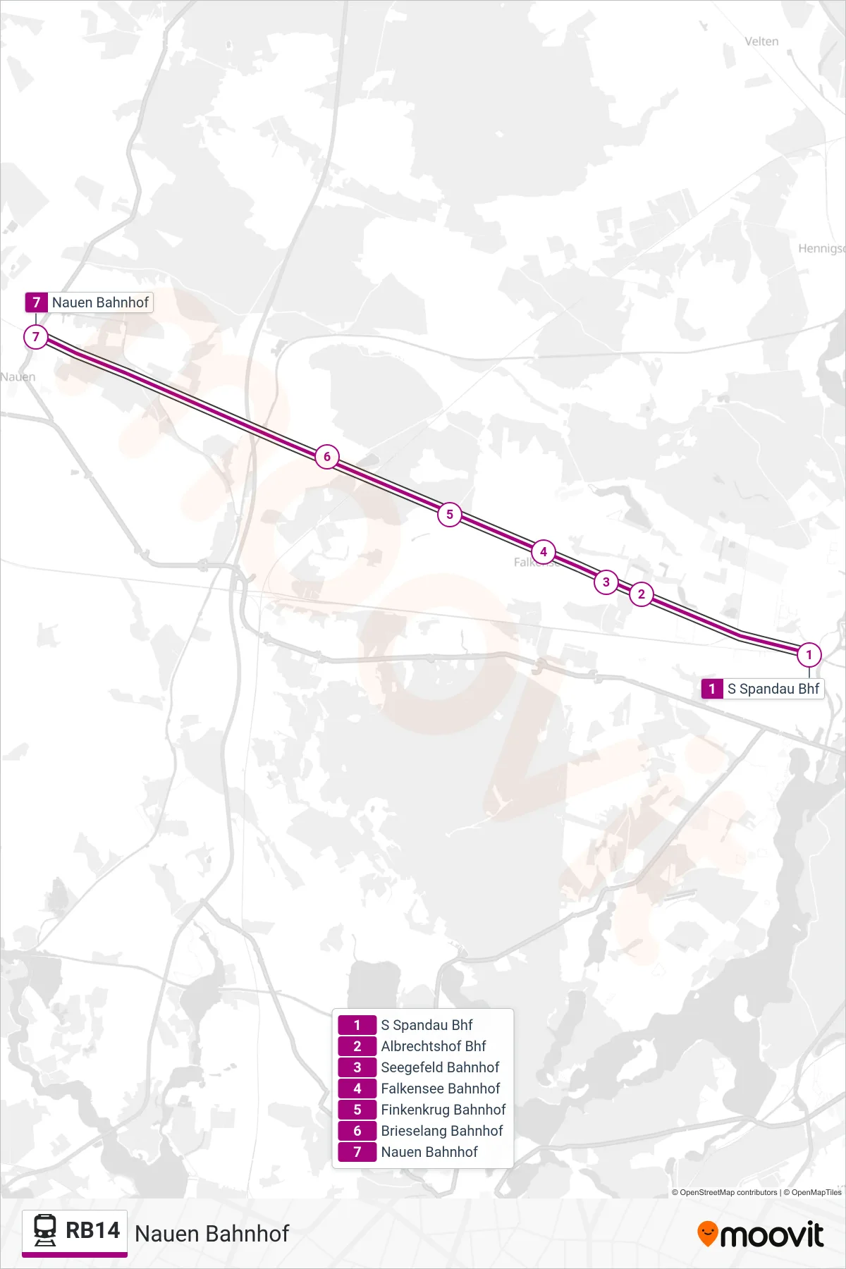 Linie RB14 (Bahn) Richtung Nauen Bahnhof: Route und Haltestellen auf der Karte