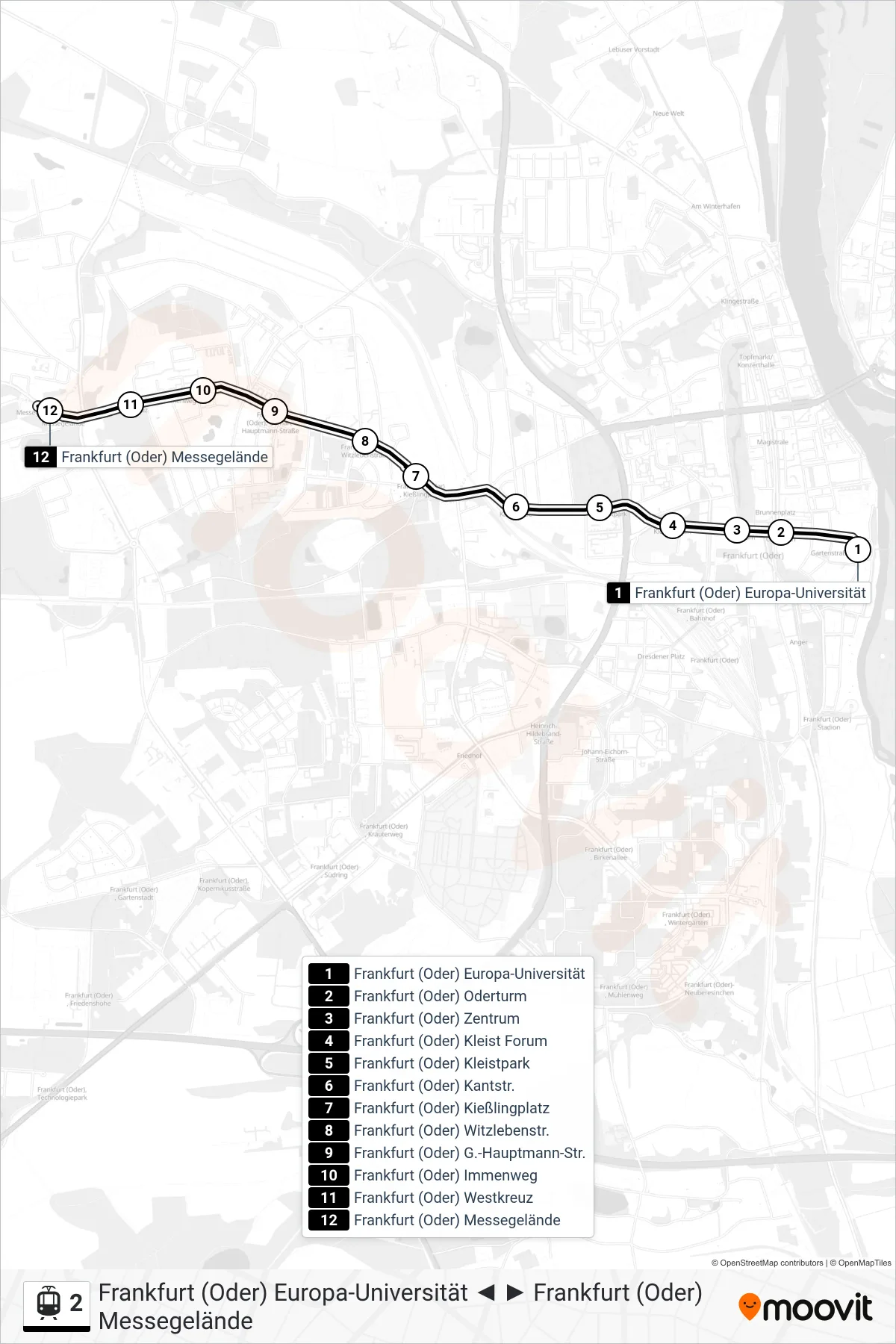 Linie 2 (Straßenbahn) Richtung Frankfurt (Oder) Messegelände: Route und Haltestellen auf der Karte