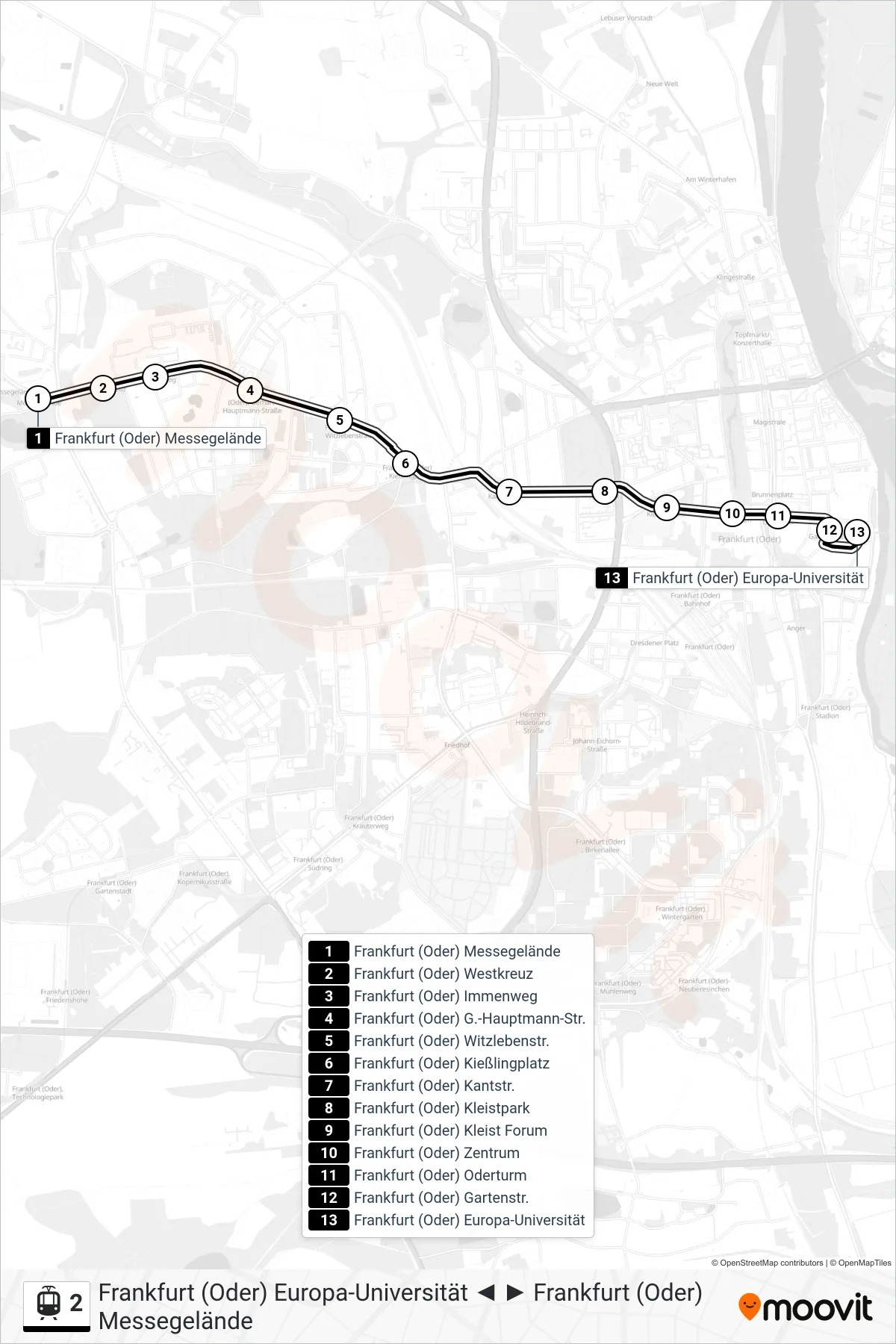 Linie 2 (Straßenbahn) Richtung Frankfurt (Oder) Europa-Universität: Route und Haltestellen auf der Karte