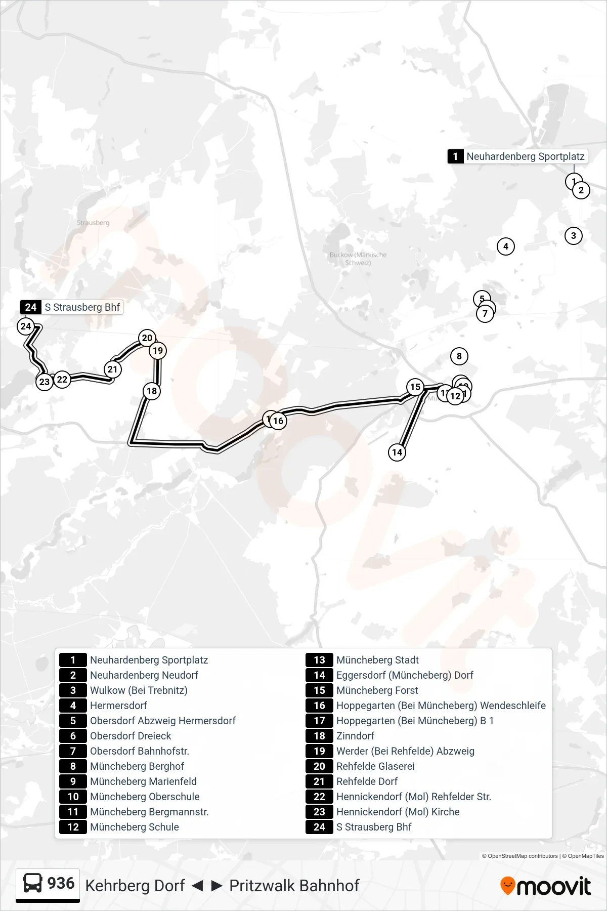 936 bus Line (S Strausberg Bhf) route and stops on a map