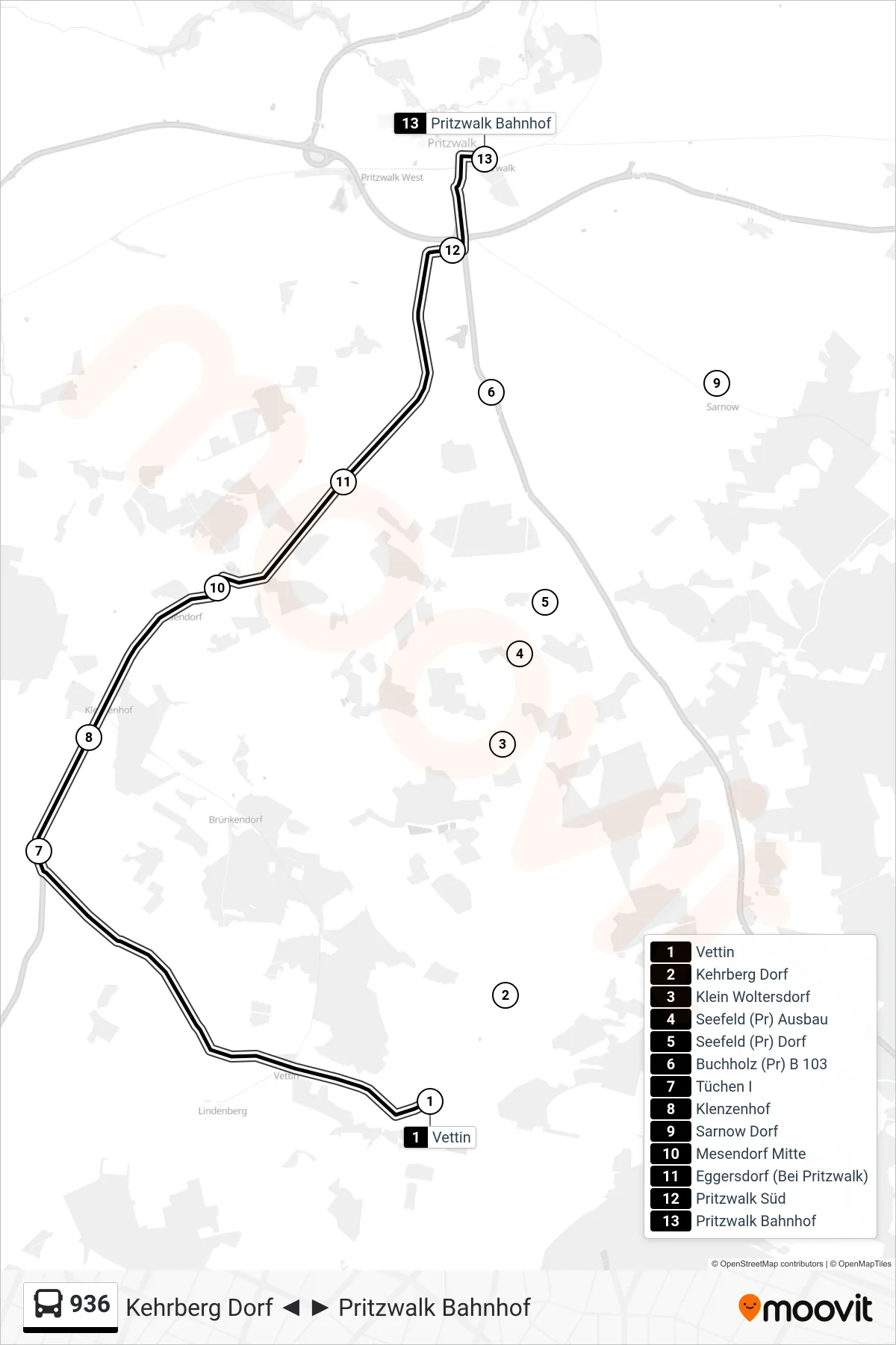 Linie 936 (Bus) Richtung Pritzwalk Bahnhof: Route und Haltestellen auf der Karte