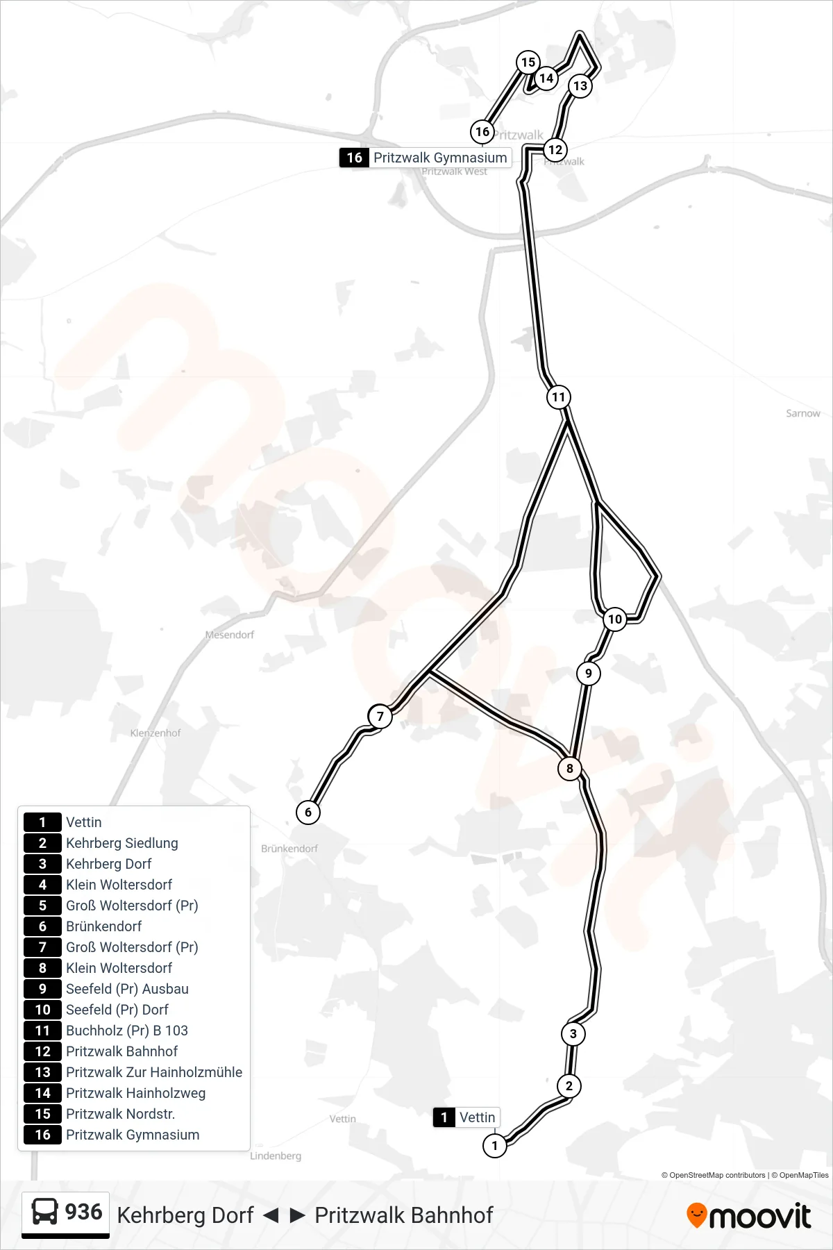 936 bus Line (Pritzwalk Gymnasium) route and stops on a map