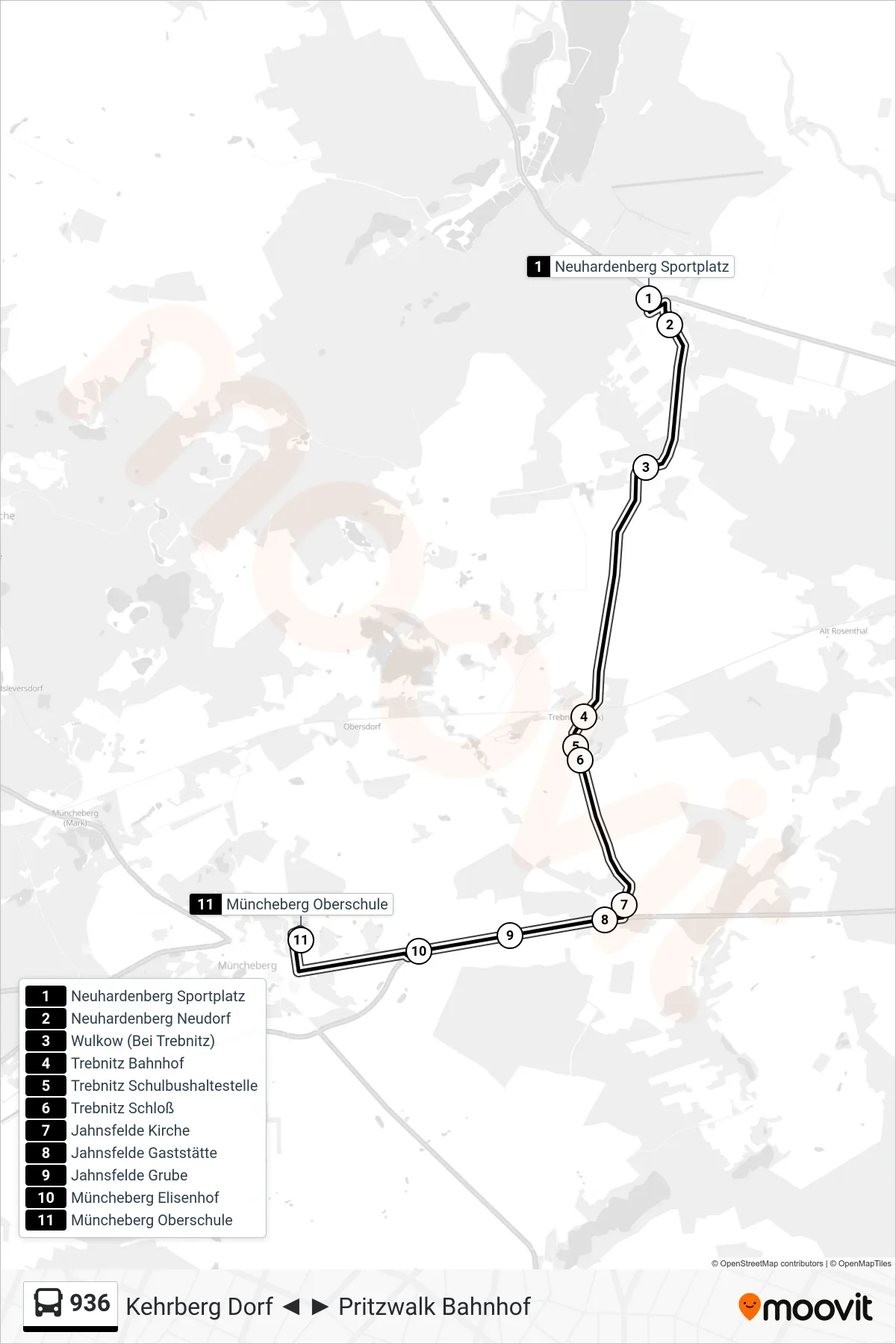 Linie 936 (Bus) Richtung Müncheberg Oberschule: Route und Haltestellen auf der Karte