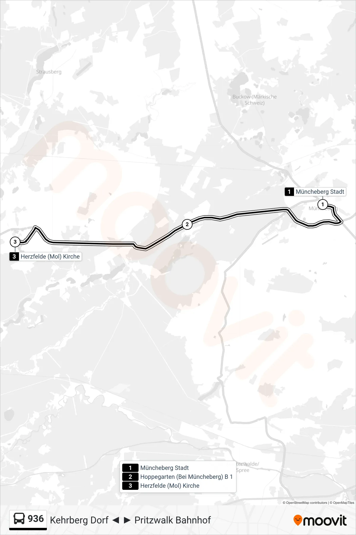 936 bus Line (Herzfelde (Mol) Kirche) route and stops on a map