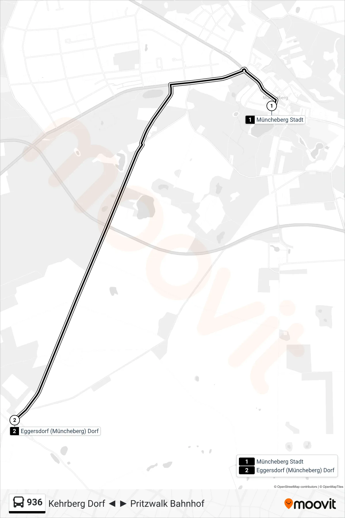 Linie 936 (Bus) Richtung Eggersdorf (Müncheberg) Dorf: Route und Haltestellen auf der Karte
