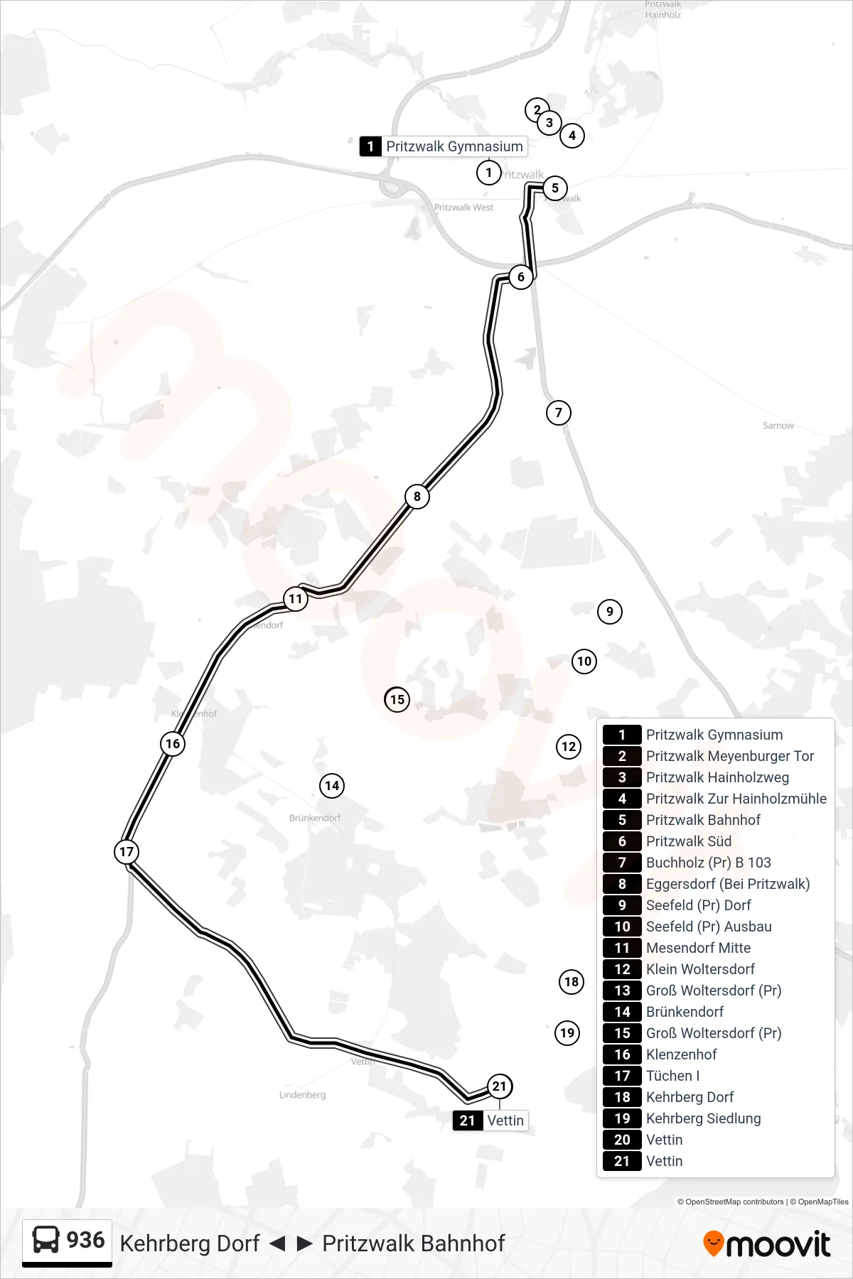 936 bus Line (Vettin) route and stops on a map