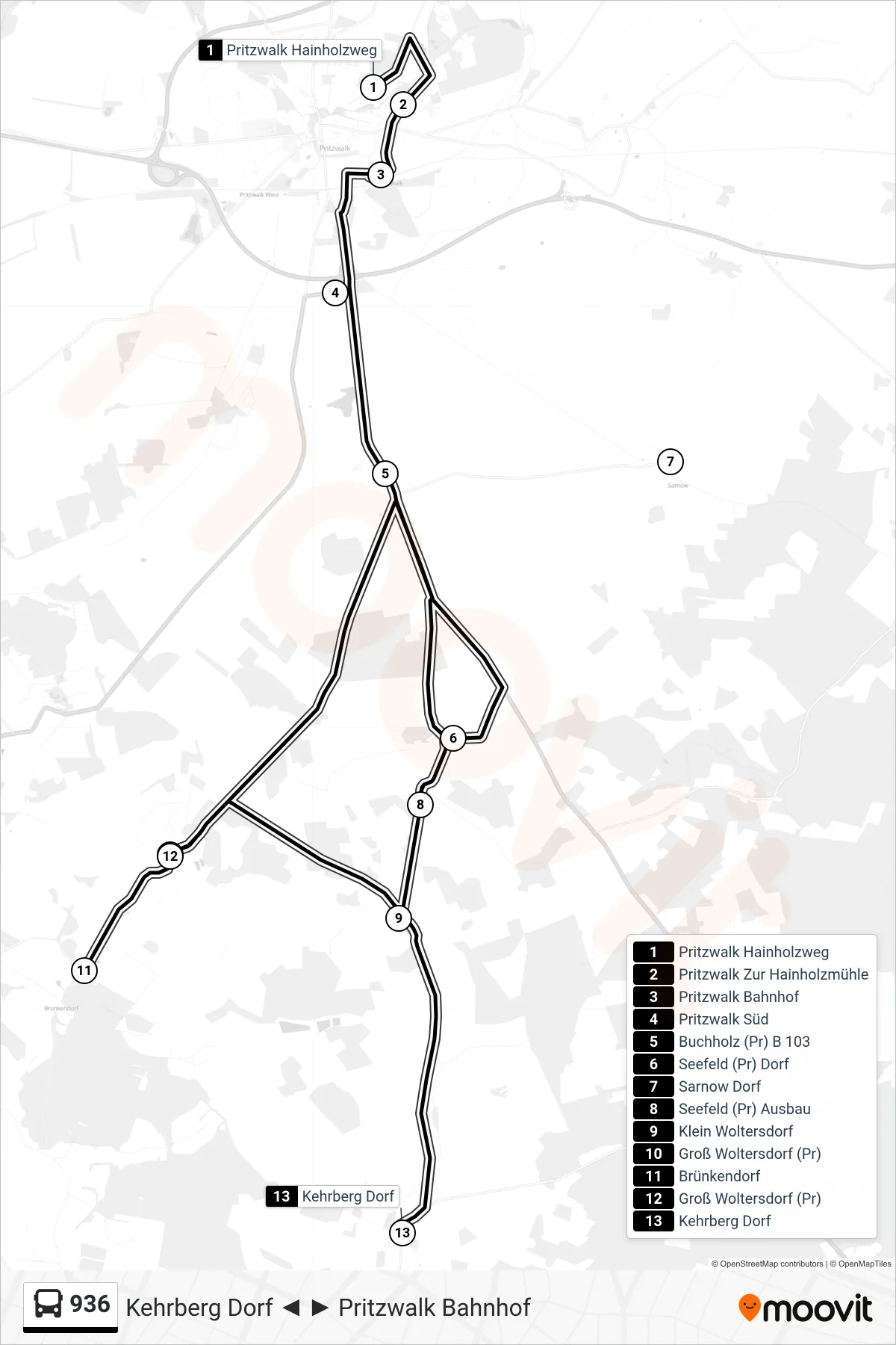 936 bus Line (Kehrberg Dorf) route and stops on a map