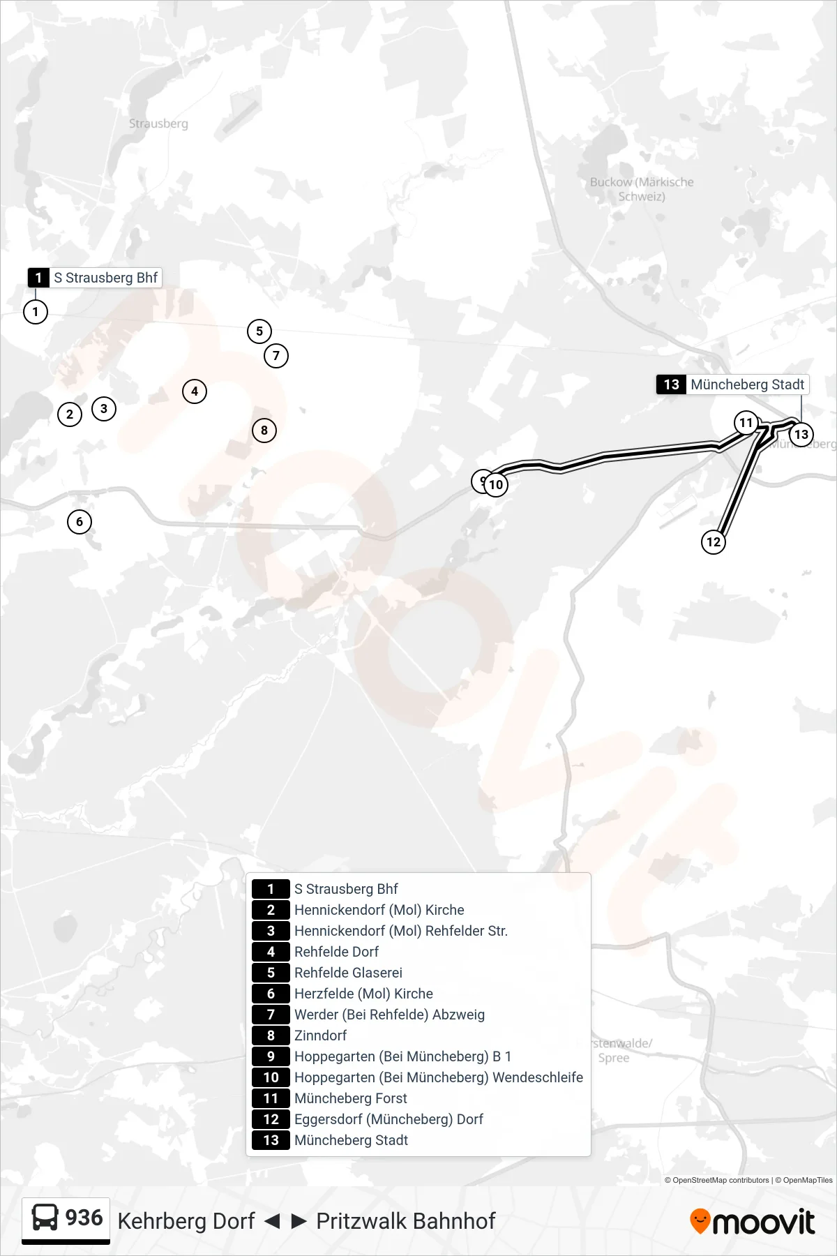 Linie 936 (Bus) Richtung Müncheberg Stadt: Route und Haltestellen auf der Karte