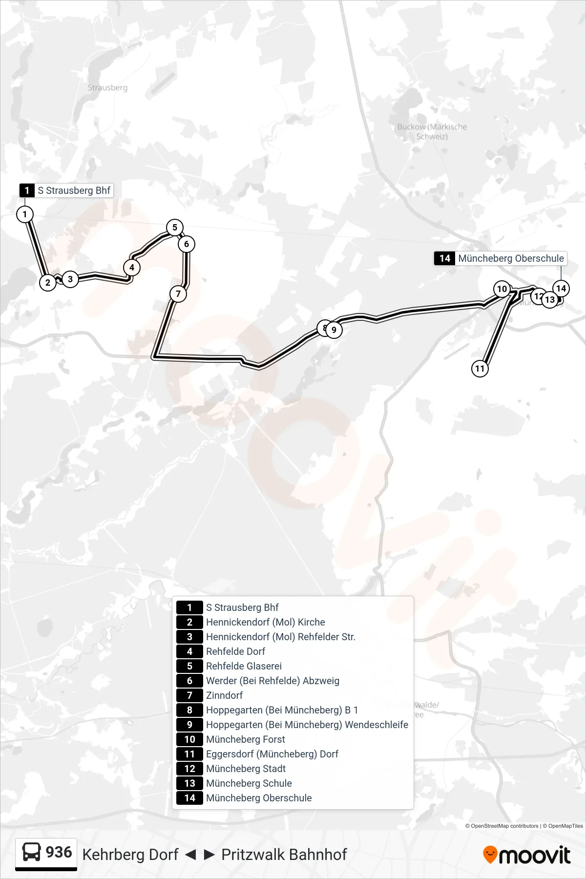 Linie 936 (Bus) Richtung Müncheberg Oberschule: Route und Haltestellen auf der Karte