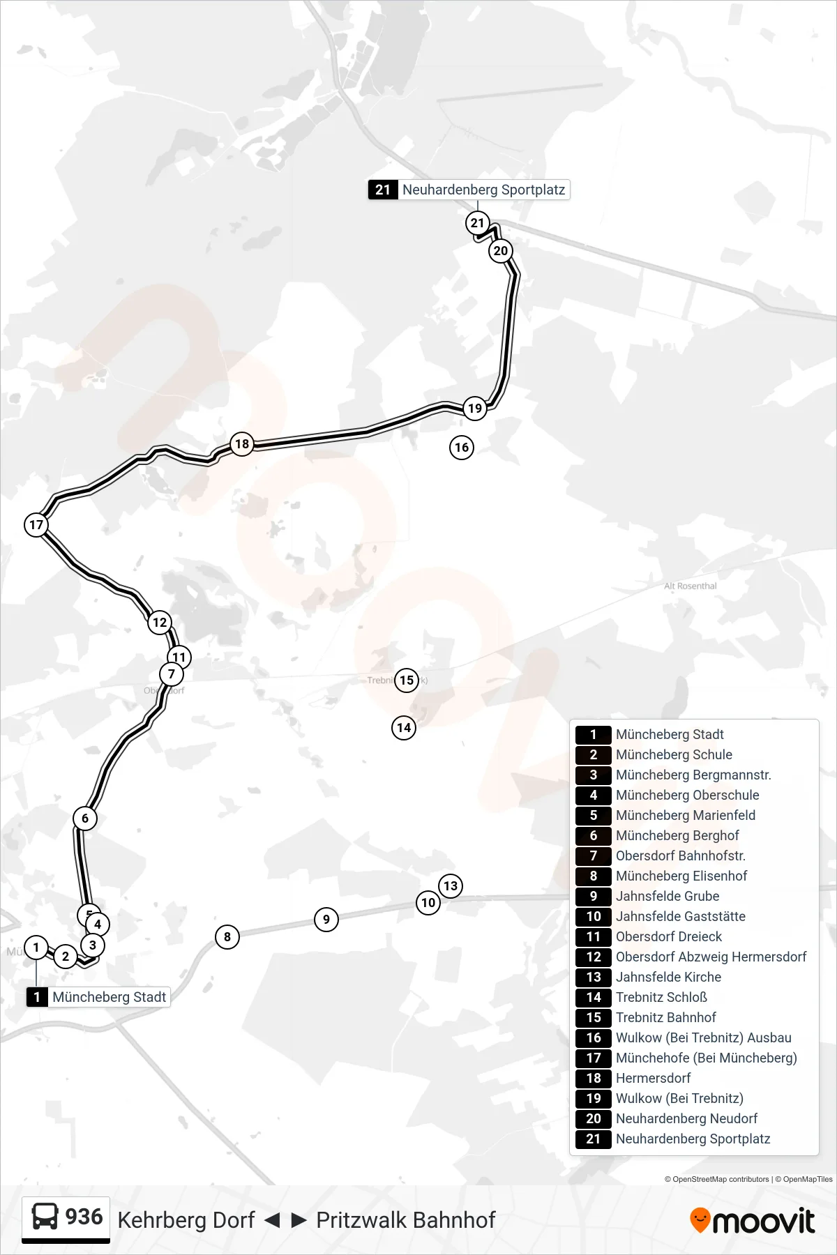 Linie 936 (Bus) Richtung Neuhardenberg Sportplatz: Route und Haltestellen auf der Karte