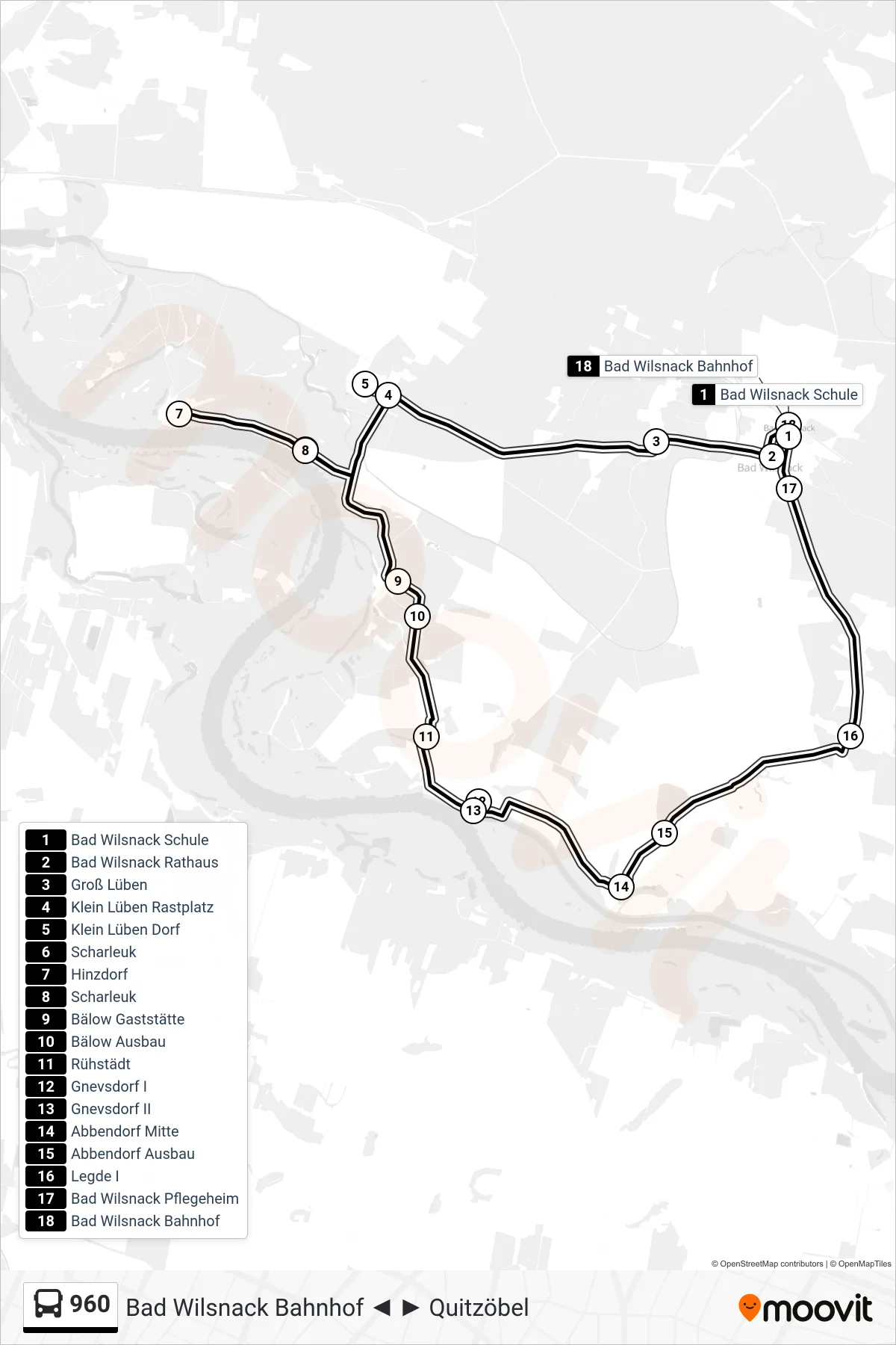 960 bus Line (Bad Wilsnack Bahnhof) route and stops on a map