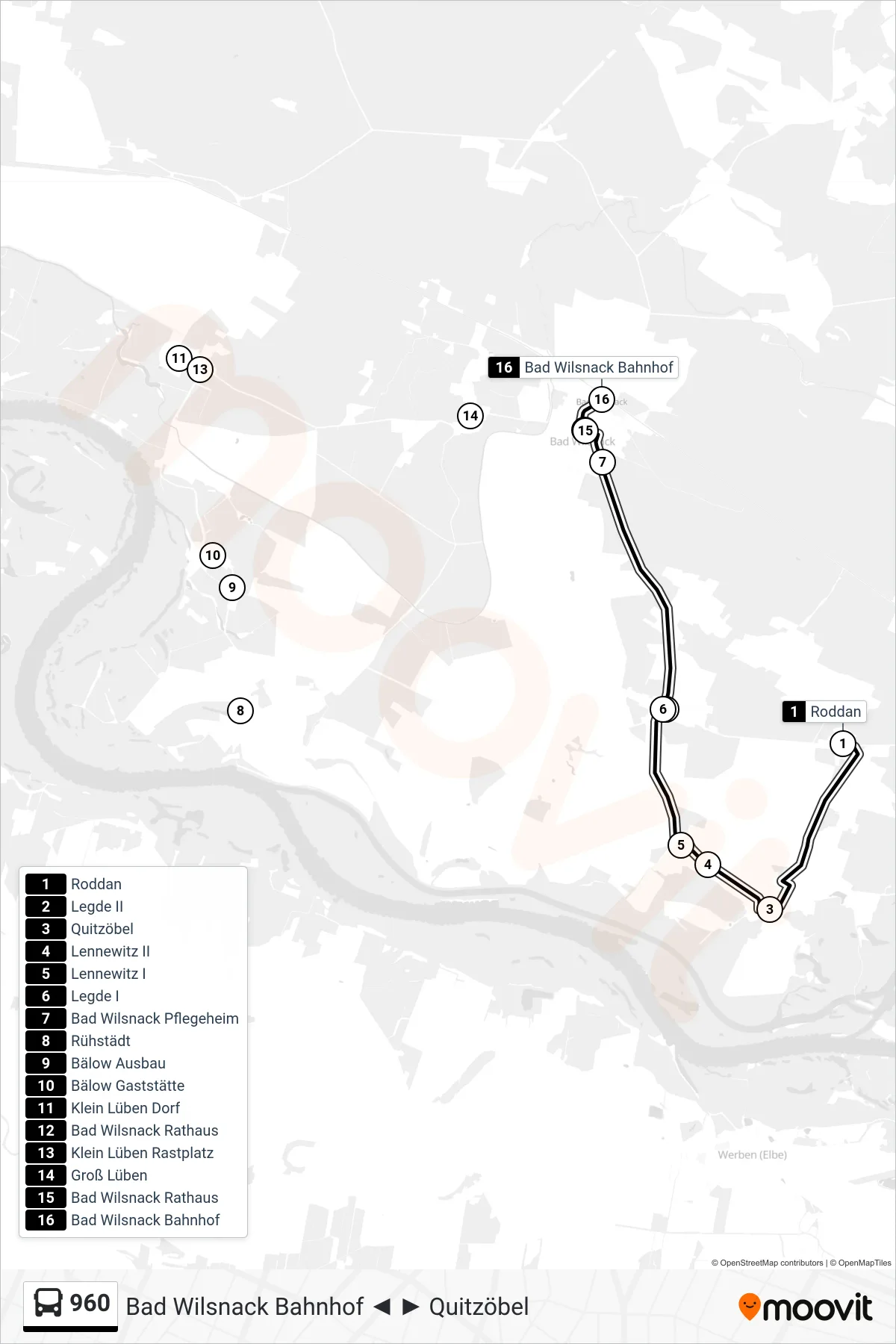 Linie 960 (Bus) Richtung Bad Wilsnack Bahnhof: Route und Haltestellen auf der Karte