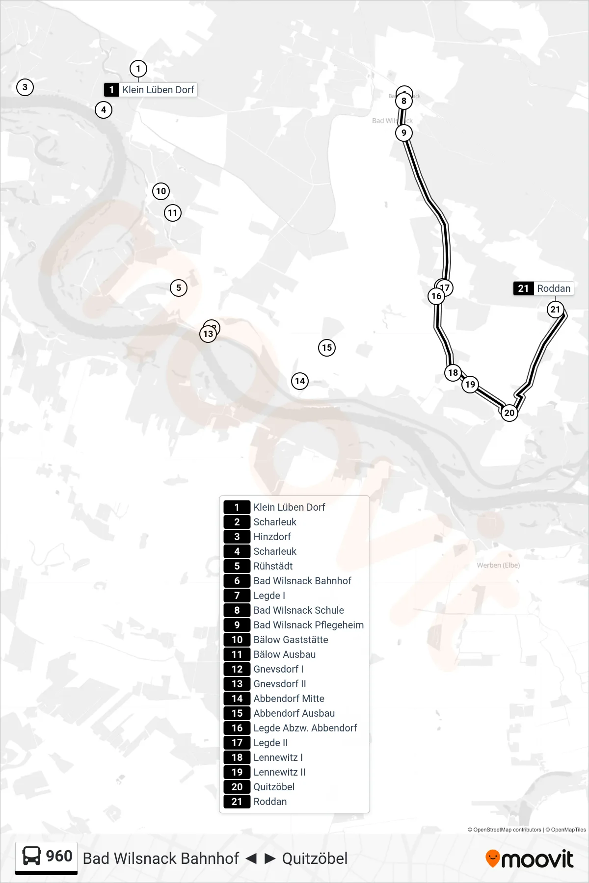 Linie 960 (Bus) Richtung Roddan: Route und Haltestellen auf der Karte