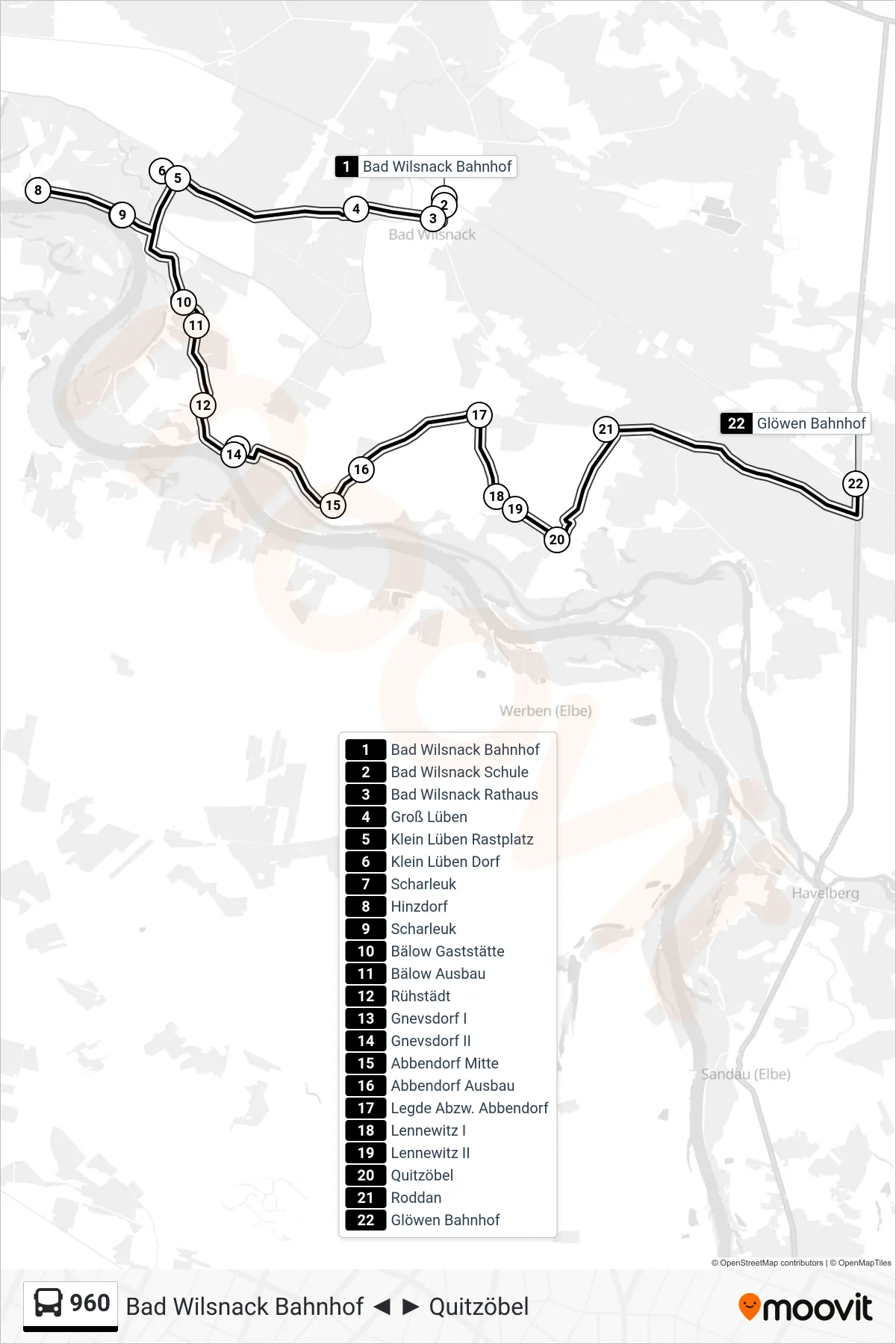 Linie 960 (Bus) Richtung Glöwen Bahnhof: Route und Haltestellen auf der Karte