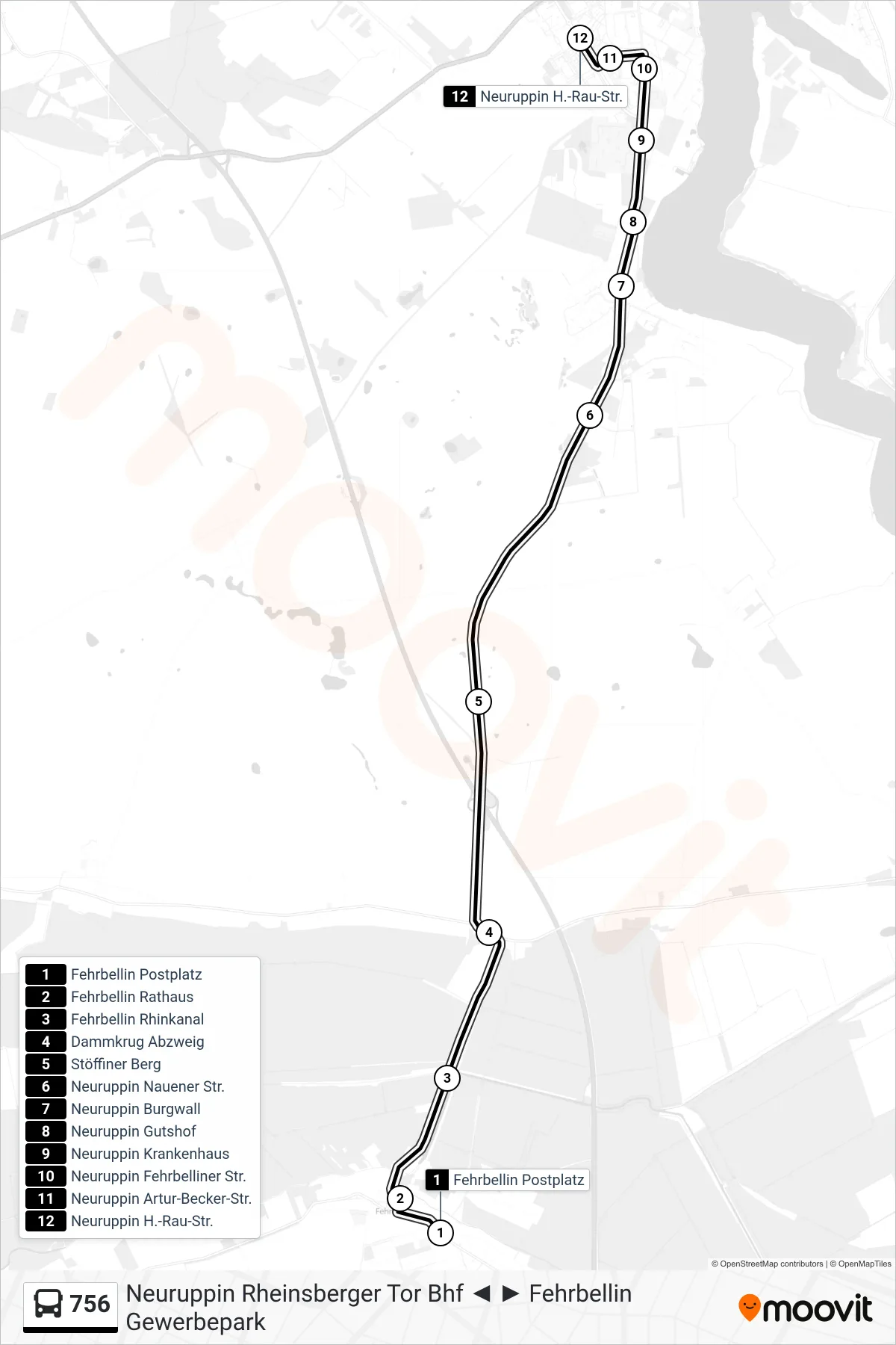 Linie 756 (Bus) Richtung Neuruppin H.-Rau-Str.: Route und Haltestellen auf der Karte