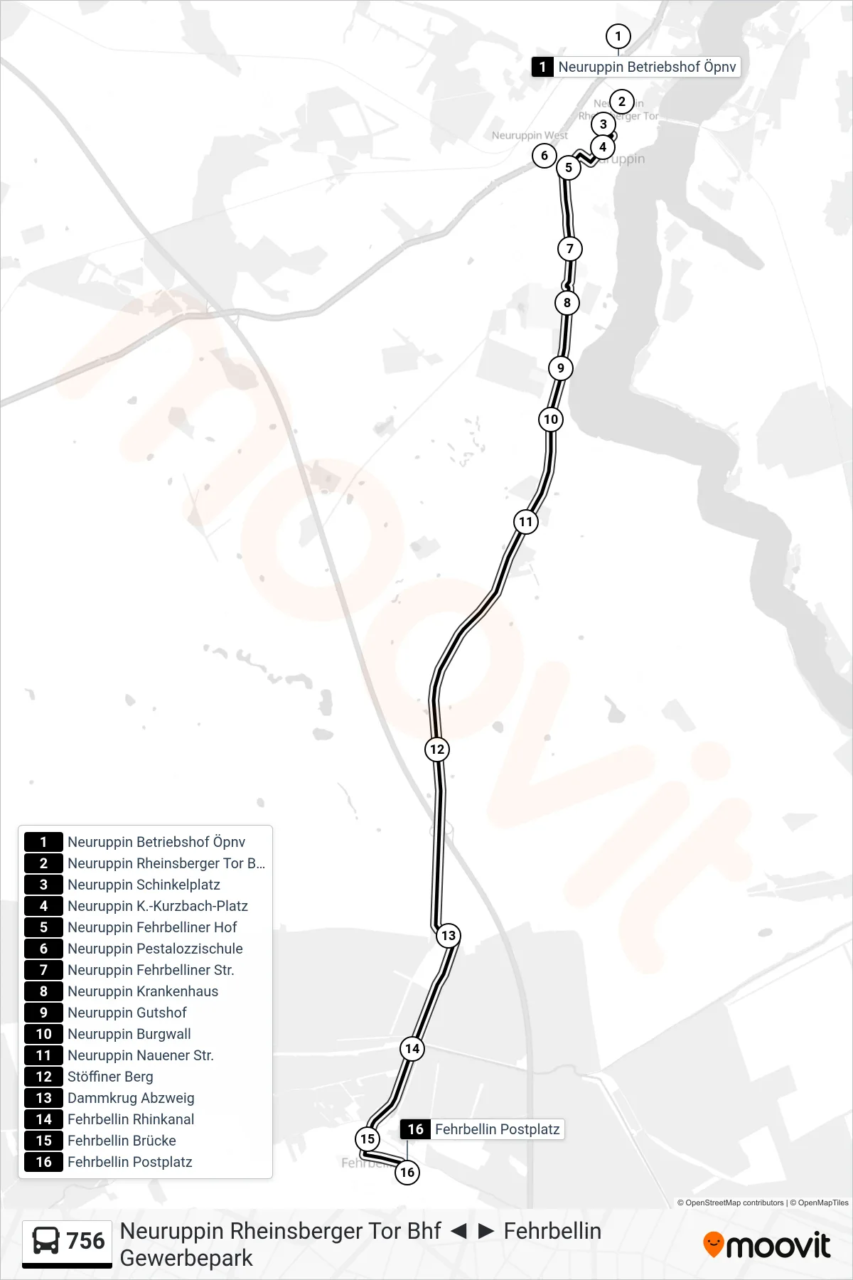 Linie 756 (Bus) Richtung Fehrbellin Postplatz: Route und Haltestellen auf der Karte