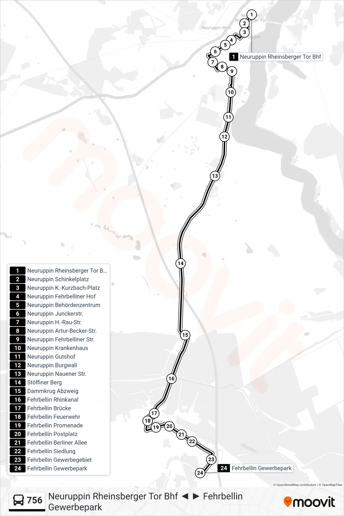 Linie 756 (Bus) Richtung Fehrbellin Gewerbepark: Route und Haltestellen auf der Karte