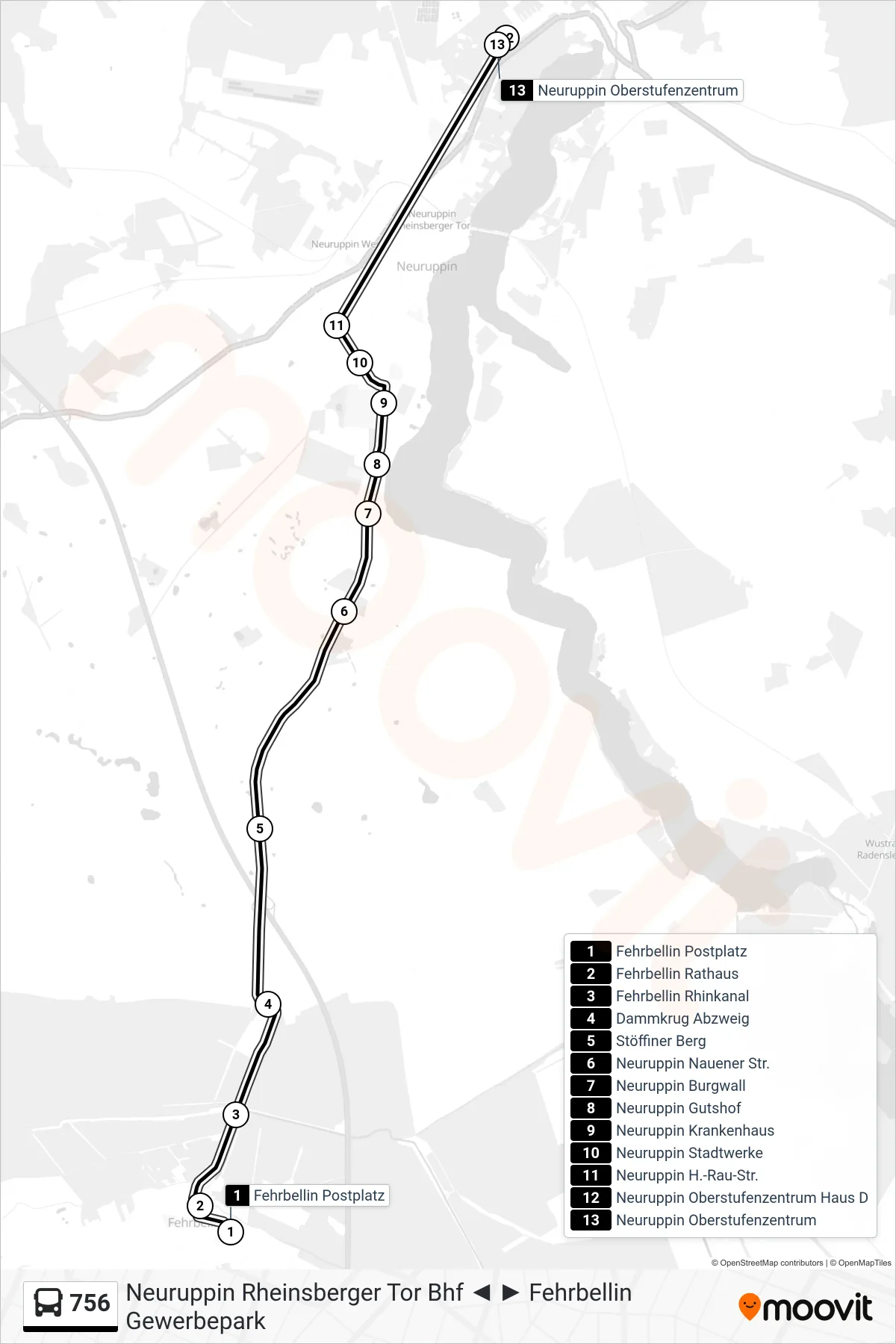 756 bus Line (Neuruppin Oberstufenzentrum) route and stops on a map