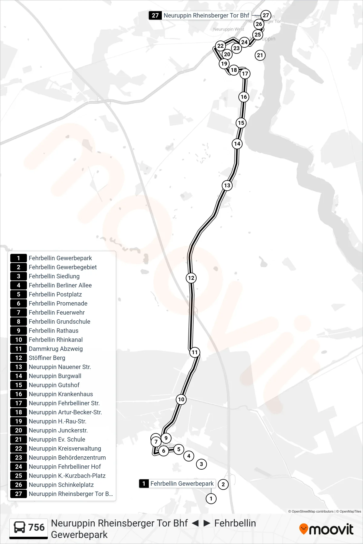 Linie 756 (Bus) Richtung Neuruppin Rheinsberger Tor Bhf: Route und Haltestellen auf der Karte