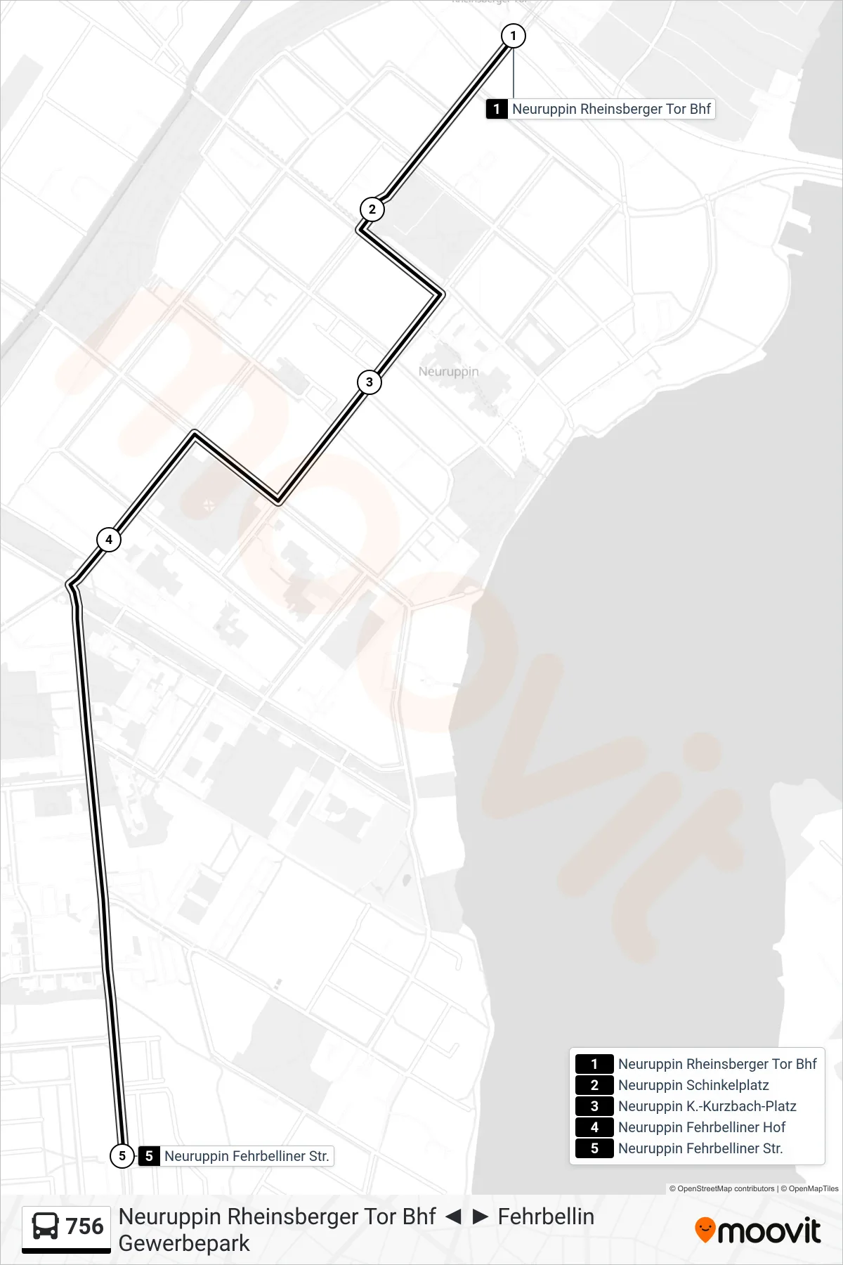 Linie 756 (Bus) Richtung Neuruppin Fehrbelliner Str.: Route und Haltestellen auf der Karte