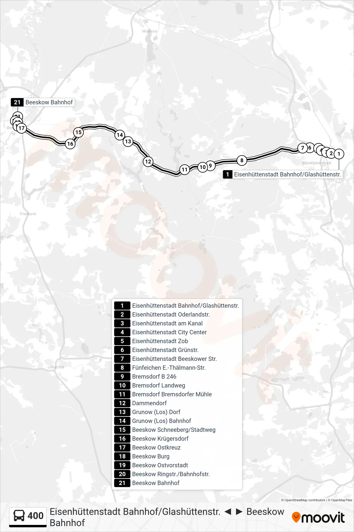 Linie 400 (Bus) Richtung Beeskow Bahnhof: Route und Haltestellen auf der Karte